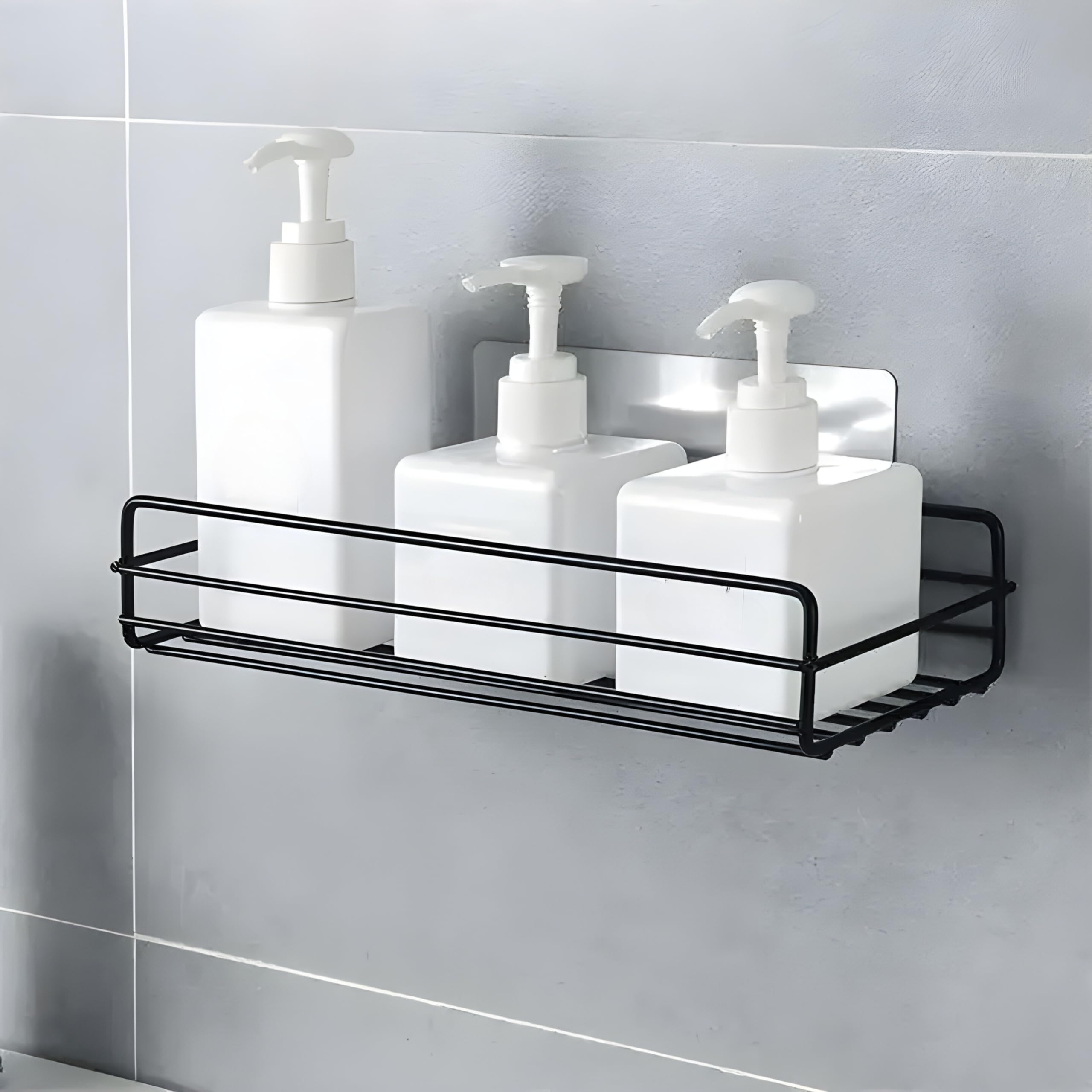 JIALTO Black Adhesive Wall Mounted Bathroom Shelf - Waterproof Bathroom Organizer for Shower, Toilet & Vanity - Durable Self-Adhesive Storage Shelf for Bathroom Accessories - Perfect for Small Spaces & Apartment Living