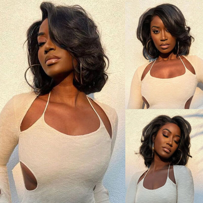 Eullair 13x4 Lace Front Wig Human Hair Bob Cut with Layered Curtain Bangs for Women - Perfect for Daily Wear, Cosplay & Special Occasions