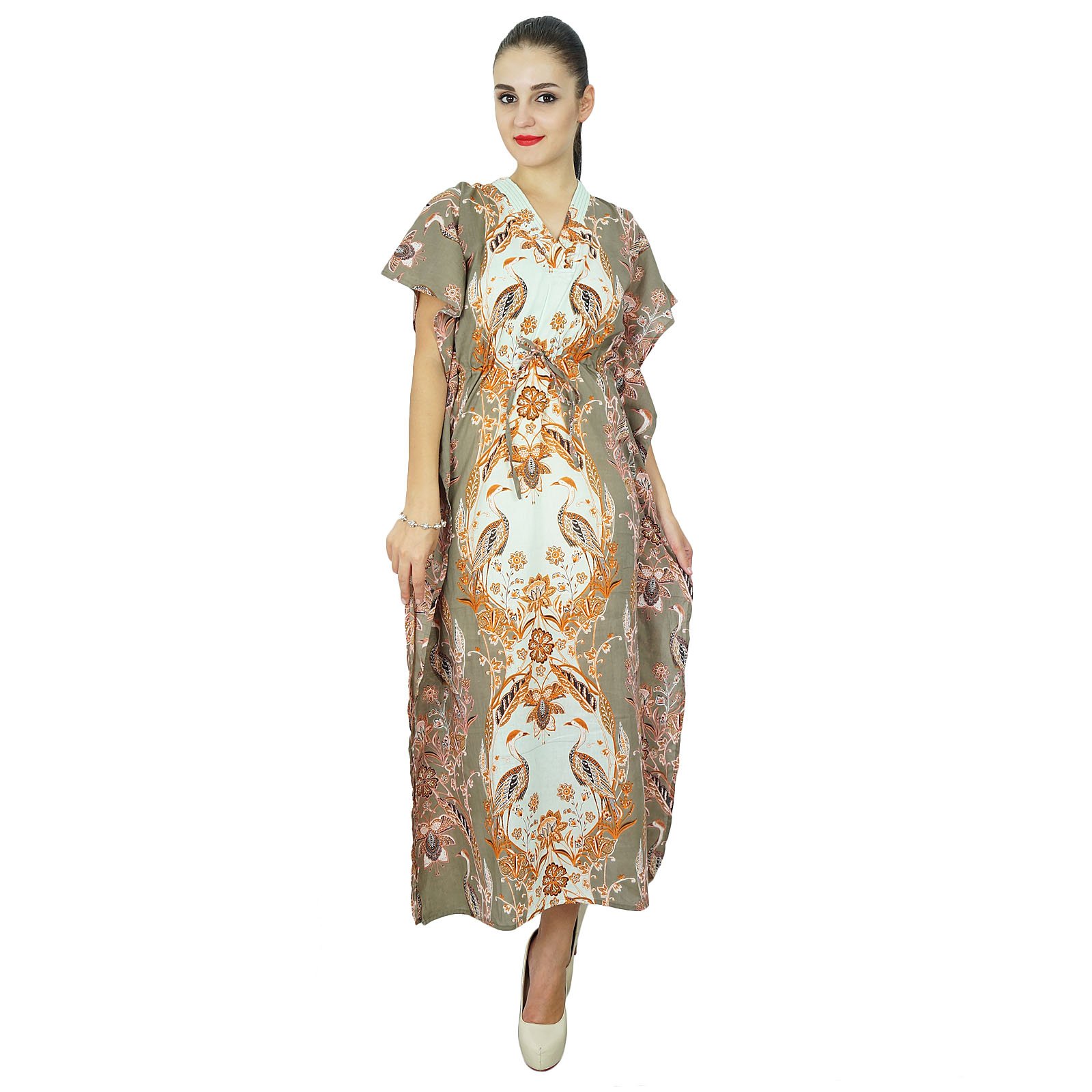 Bimba Women's Printed Long Cotton Kaftan Dress - Kimono Sleeve Beach Cover Up | Boho Maxi Dress for Summer Vacation, Poolside Lounging & Resort Wear