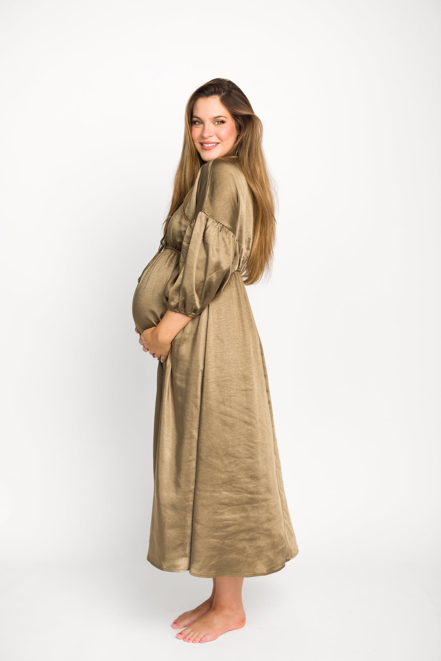Hunter Premium Satin Midi Dress in Tapenade - Bump Friendly Maternity Dress for Special Occasions & Date Nights