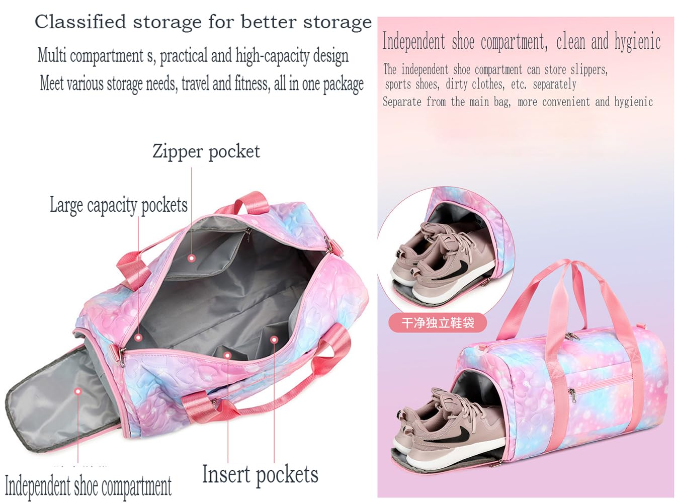 Girls Dance Gym Bag with Shoe Compartment - Pink Weekender for Travel & Sleepovers