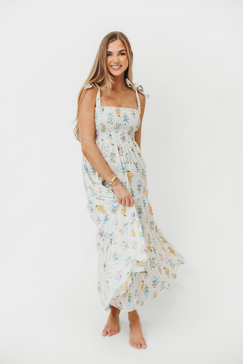 Liliosa Women's 100% Cotton Floral Maxi Dress in Cream - Perfect for Summer Beach Vacations, Garden Parties & Casual Outings