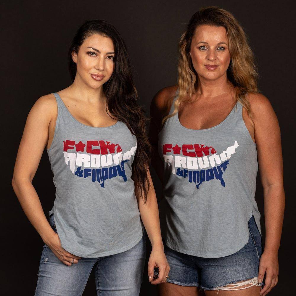 Women's Funny Sarcastic 'F*ck Around and Find Out' Graphic Tank Top - Stonewash Denim Vintage Style - Perfect for Casual Outings, Music Festivals & Girls Night Out