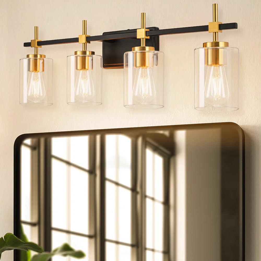 Jasper Black & Gold Clear Glass 4-Light Bathroom Vanity Light Fixture - Modern Elegant Lighting for Bathroom, Powder Room & Dressing Area