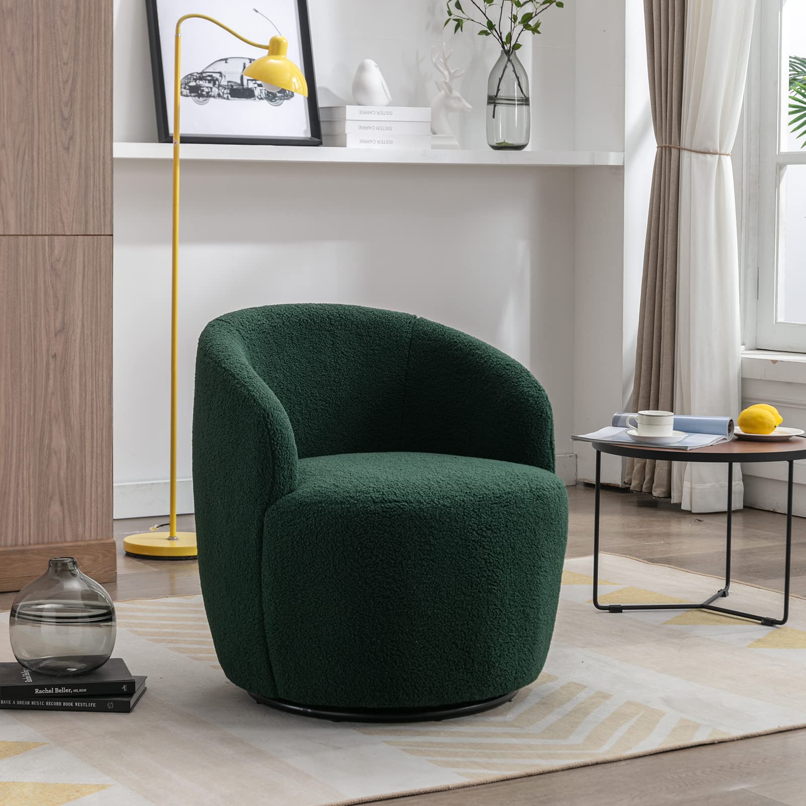 Antetek Small Swivel Chair - 360 Degree Rotating Barrel Chair with Arms, Modern Leisure Accent Chair for Nursery, Living Room, Office & Lounge - Green Velvet Upholstery - Perfect for Small Spaces, Reading Nooks & Cozy Corners