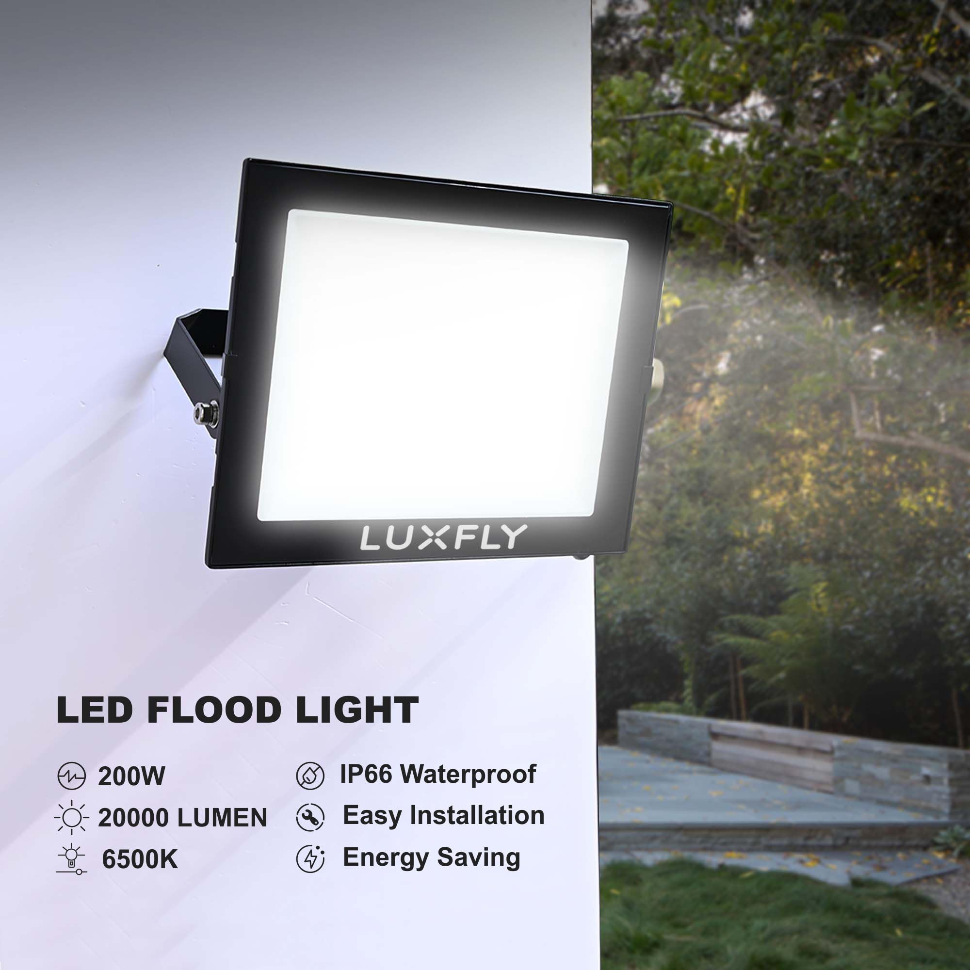 2 Pack 200W LED Flood Lights Outdoor, 20000LM Super Bright Work Light with Plug - IP66 Waterproof Security Lights, 6500K Daylight White - Perfect for Patio, House, Garage, Yard, Construction Sites & Emergency Lighting