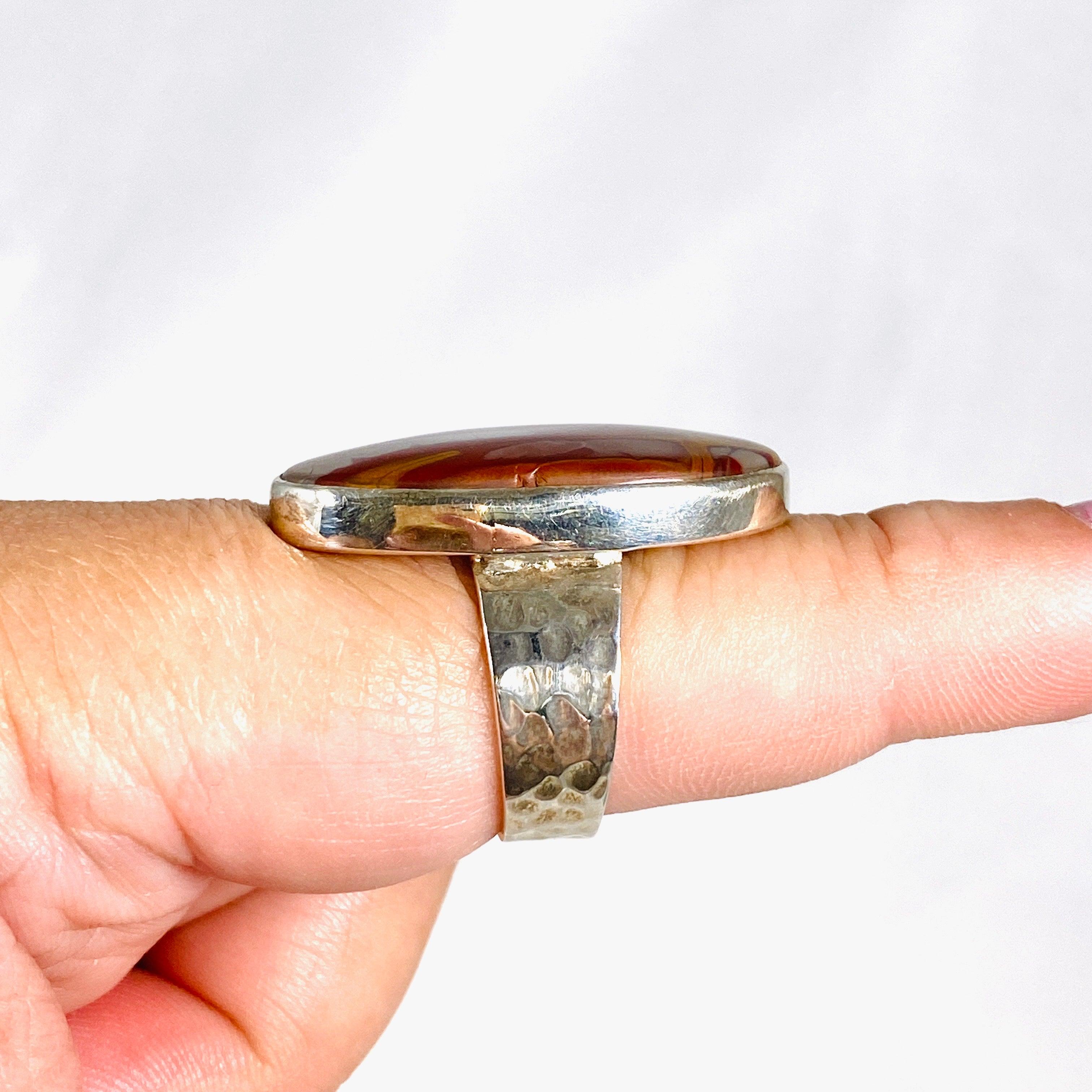 Pilbara Noreena Jasper Oval Hammered Band Ring - Size 9 - KRGJ2219 - Handmade Boho Jewelry for Women - Perfect for Everyday Wear & Special Occasions
