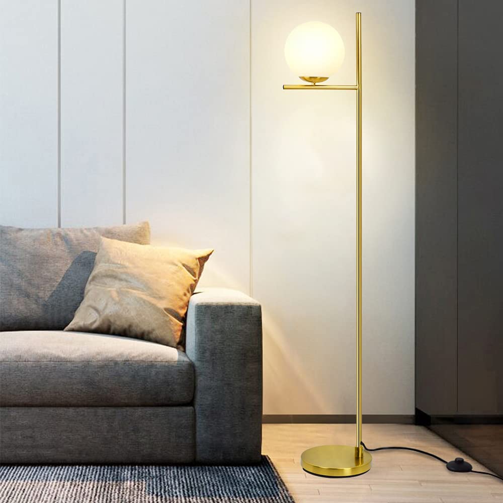 DLLT 9W LED Floor Lamp with Frosted Glass Globe - Modern Mid Century Contemporary Standing Light for Living Room, Bedroom, Office - Energy Saving Tall Pole Accent Lighting (Gold Finish, Bulb Included) - Perfect for Ambient Lighting and Home Decor