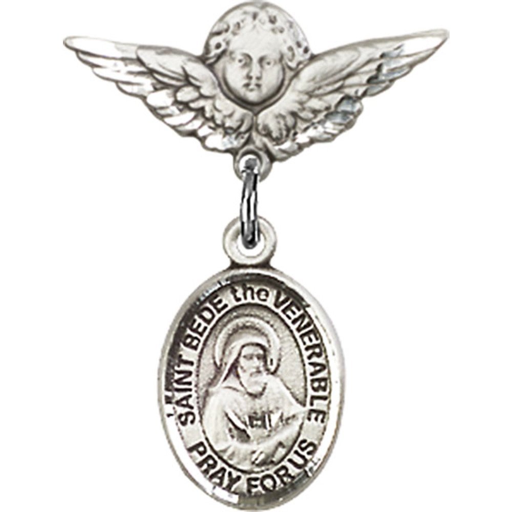 St. Bede The Venerable Sterling Silver Baby Badge with Angel Wing Charm - 7/8