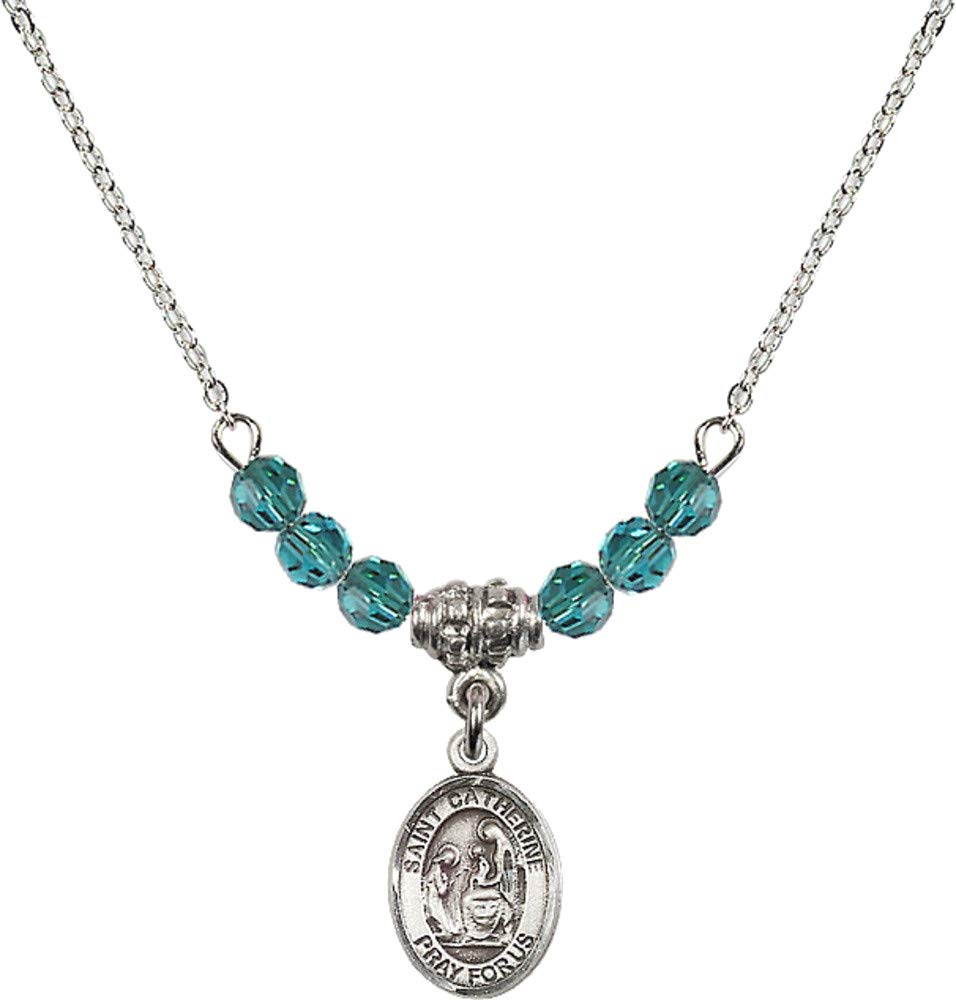 Bonyak 18 Inch Rhodium Plated Blue December Birthstone Necklace with 4mm Beads & Saint Catherine of Siena Charm - Perfect Gift for December Birthdays, Baptisms, and Religious Occasions