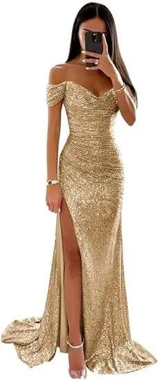 Elegant Off Shoulder Sequin Mermaid Maxi Dress for Women | 2025 Prom Party Evening Gown | Perfect for Formal Events, Weddings & Special Occasions