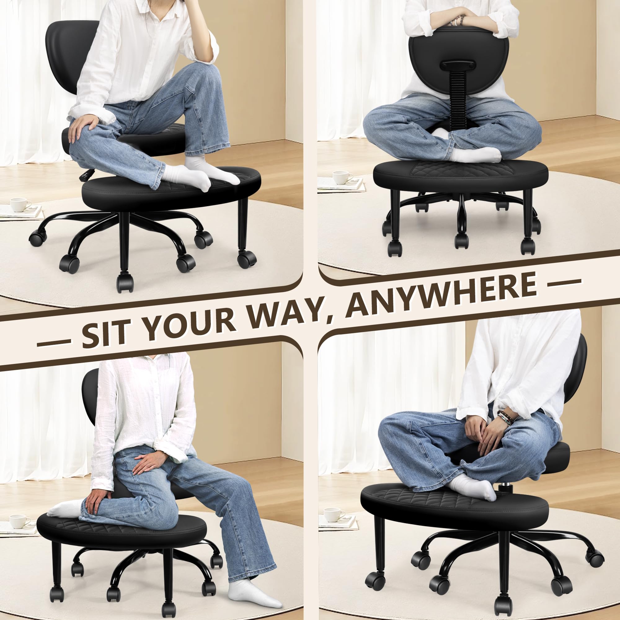 Ergonomic Cross-Legged Office Chair with Wheels - Adjustable Height Meditation & Yoga Chair for Adults - Wide Criss-Cross Design with Lumbar Support - Perfect for Home Office, Meditation, ADHD Focus & Workspace Comfort - Black Kneeling Chair