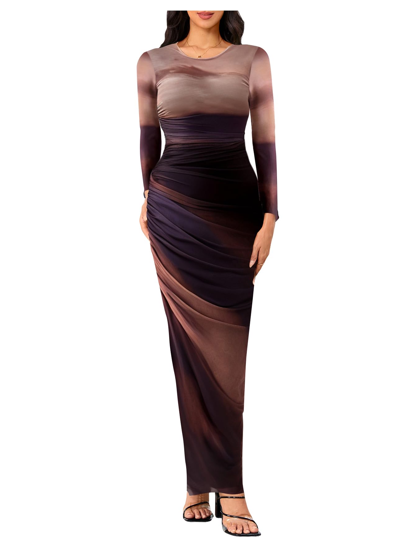 Women's Tie Dye Ruched Long Sleeve Bodycon Maxi Dress - Slim Fit Mesh Party Dress for Night Out, Date Night & Special Occasions