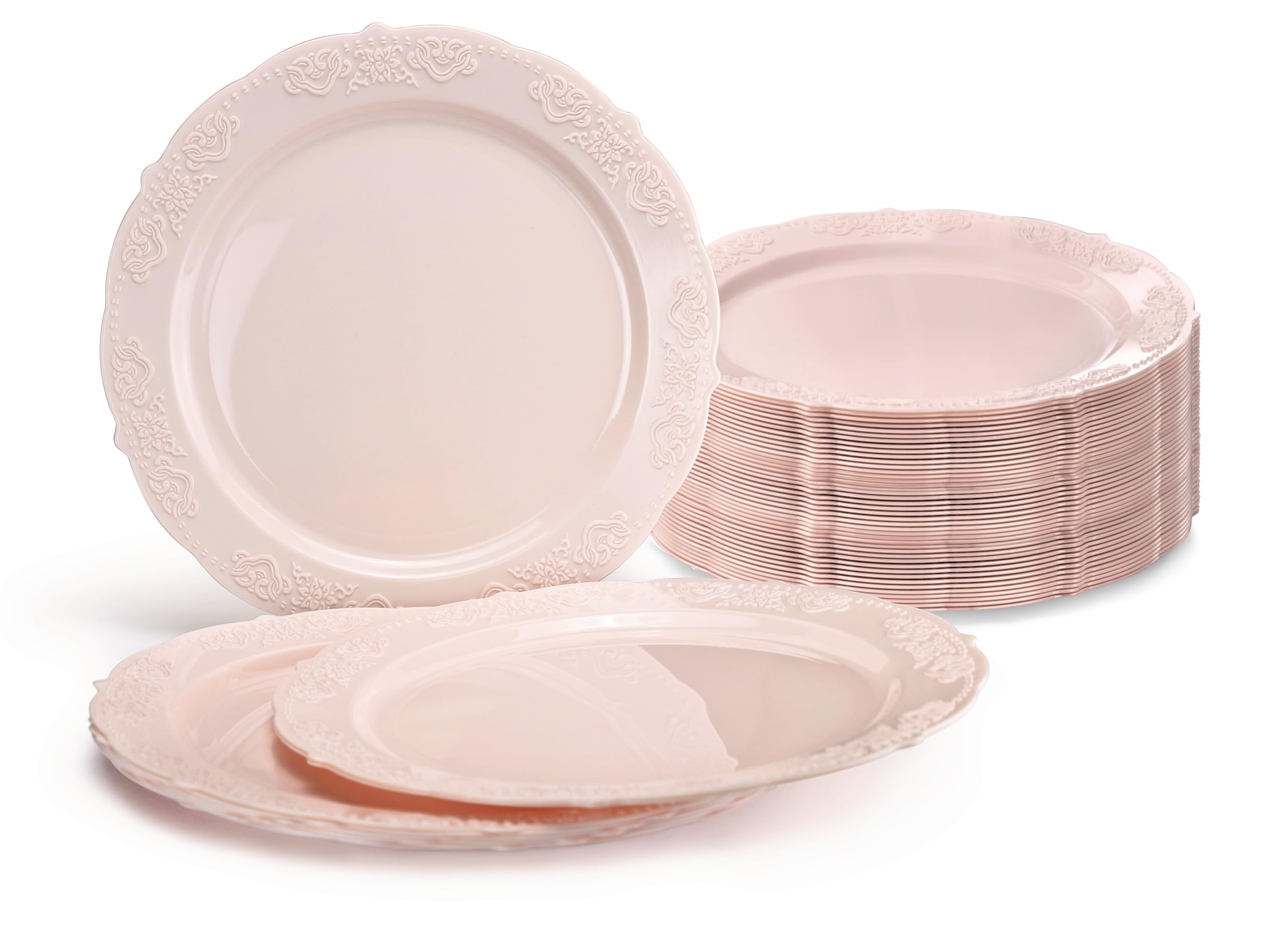 40-Pack Vintage Disposable Plastic Plates for Wedding & Party - 7.5'' Appetizer/Dessert Plates in Light Pink (Portofino Design) | Perfect for Bridal Showers, Birthday Parties & Elegant Events