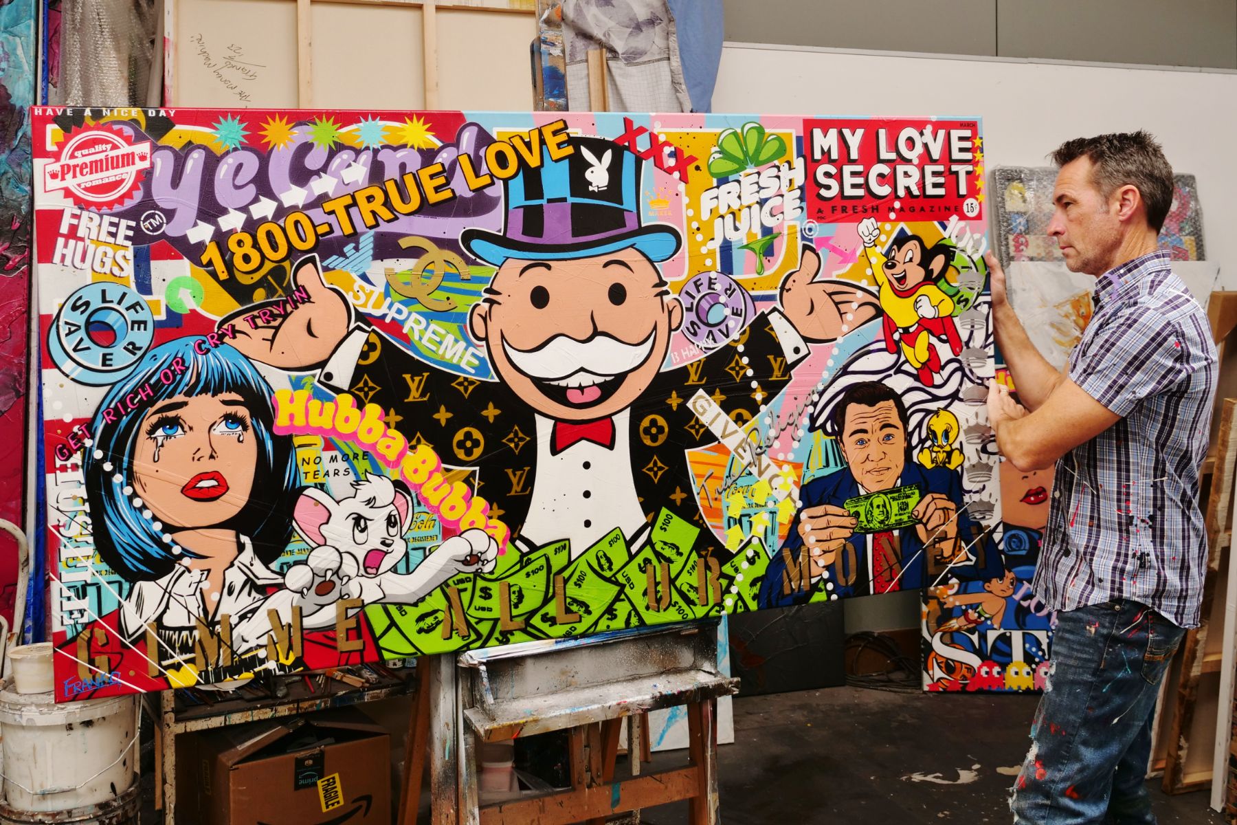 Jackpot Money 190cm x 100cm Monopoly Man Textured Urban Pop Art Canvas Wall Painting - Perfect for Game Room Decor, Office Wall Art & Modern Home Decor
