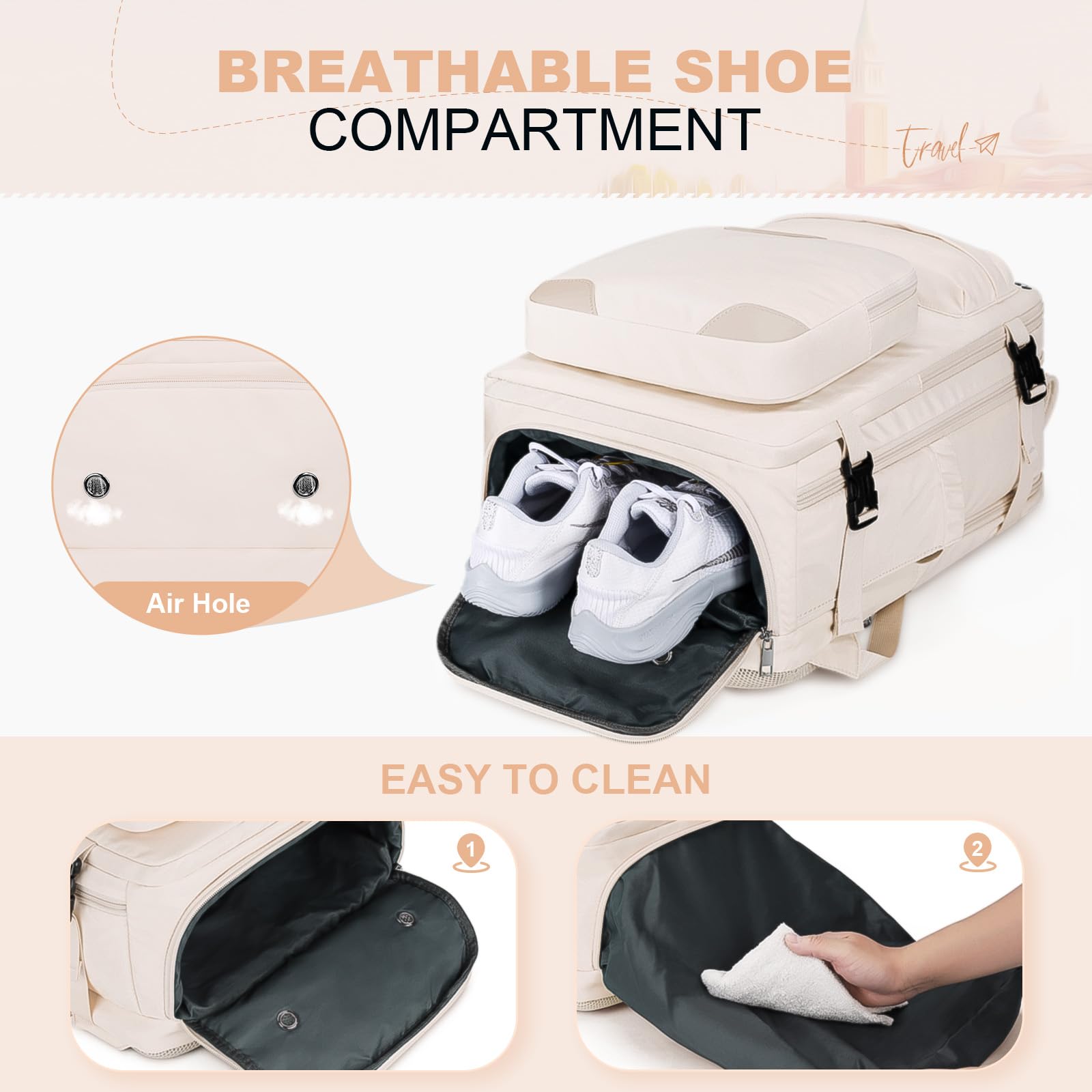 35L Maelstrom Travel Backpack for Women & Men - Waterproof Laptop Backpack Fits 17-Inch Computer, Airplane Carry On Backpack with Crossbody Bag, Shoe Compartment & Toiletry Pouch (Beige, Large) - Perfect for Business Trips, College Students & International Travel