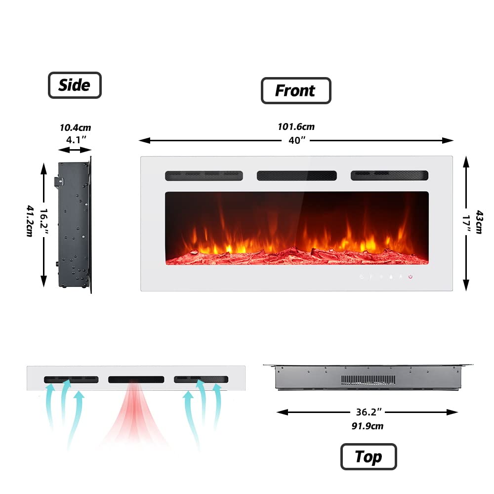 Maxhonor 40-Inch Recessed Electric Fireplace Wall Heater - 1500W/750W with Remote Control, Timer, 12 Flame Colors & 5 Settings - White Glass Panel for Living Room, Bedroom & Office