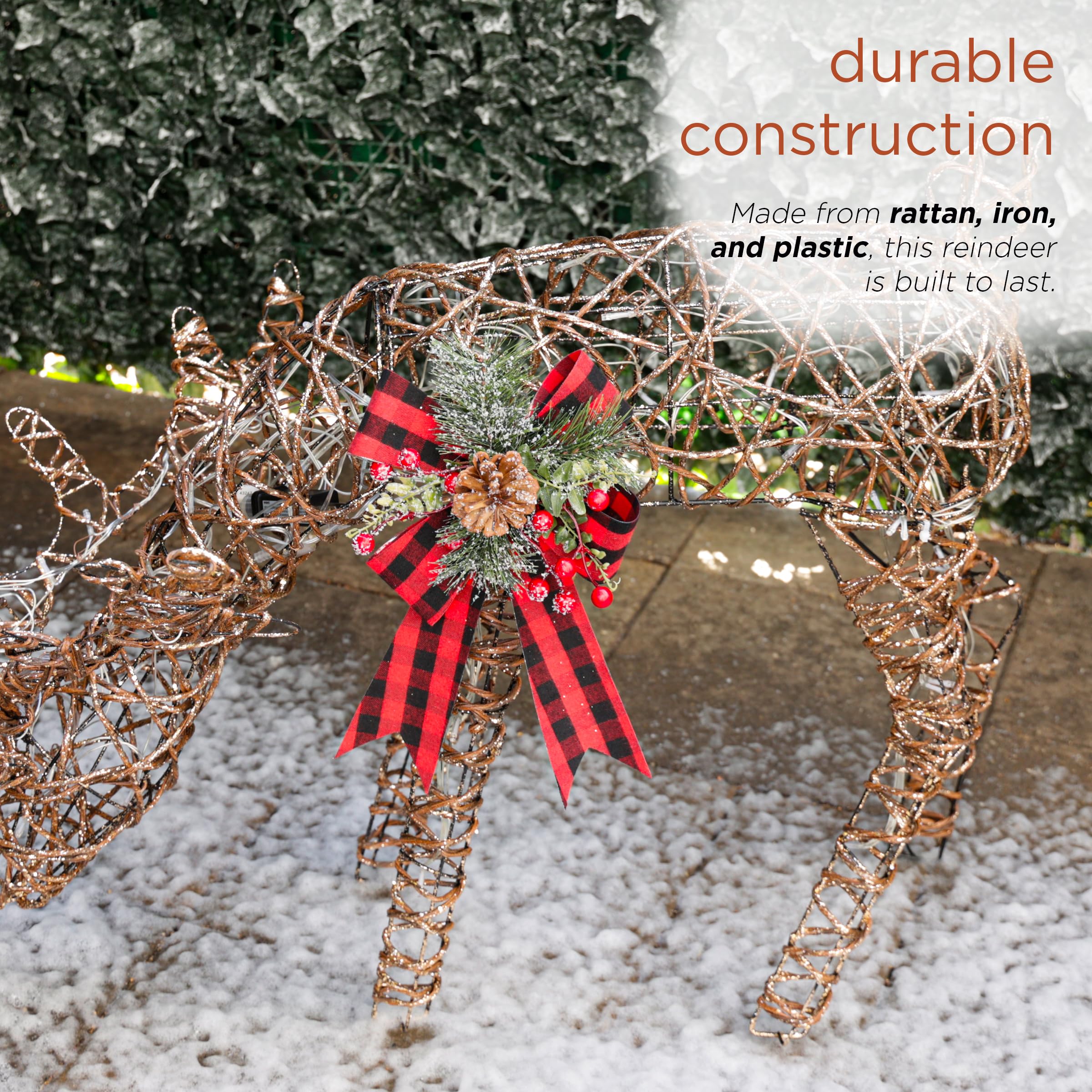 Rattan Grazing Reindeer with Bow & LED Lights - Christmas Holiday Home Decor for Mantel, Tabletop, and Outdoor Garden