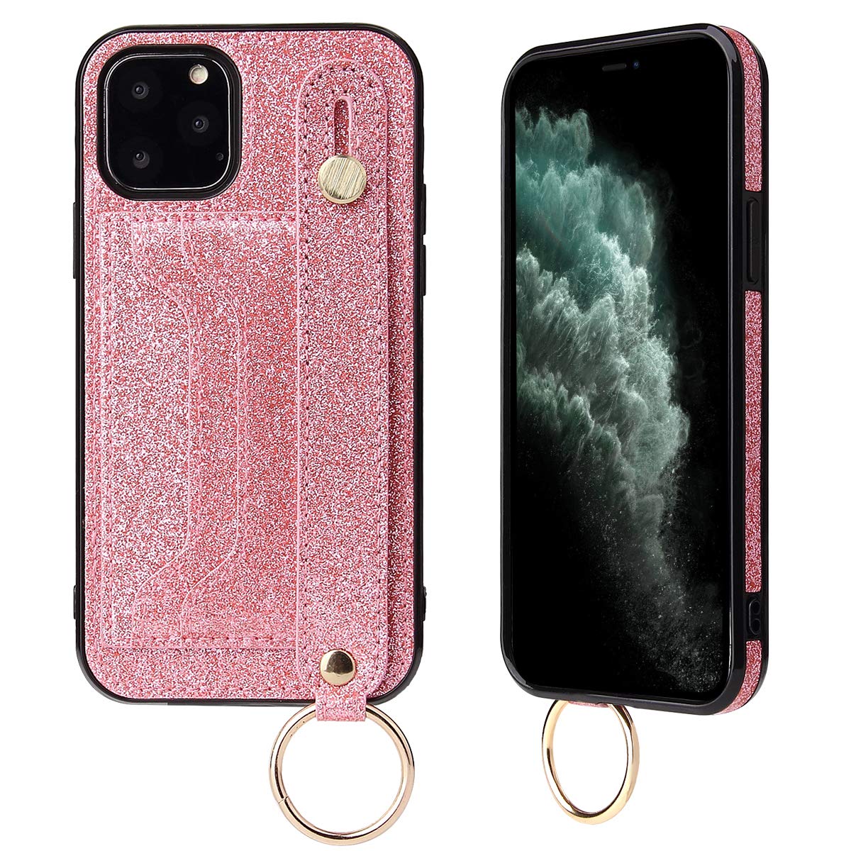 Sparkly Bling PU Leather iPhone 12 Mini Case with Card Holder & Adjustable Wrist Strap - Protective Phone Cover in Pink | Perfect for Hands-Free Shopping, Gym Workouts & Travel Convenience