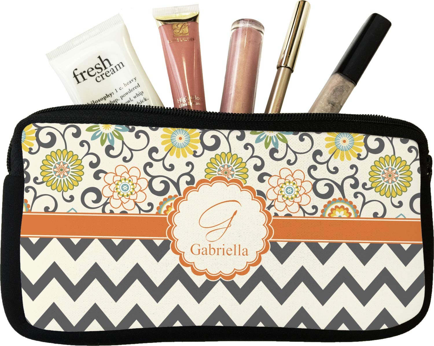 Personalized Swirls, Floral & Chevron Makeup Bag - Small Cosmetic Pouch for Travel, Gym & Everyday Use | Cute & Durable Makeup Organizer