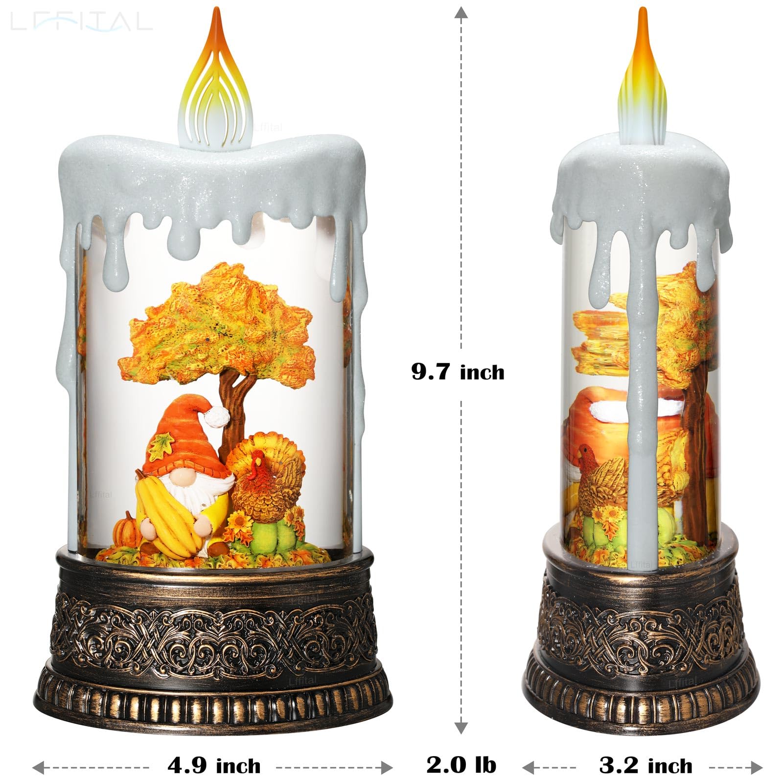 Fall Snow Globe Lantern with Gnome & Turkey - LED Candle Glittering Tabletop Decor for Autumn Thanksgiving, Harvest Day Display with Timer | Seasonal Home Décor, Holiday Centerpiece, Thanksgiving Table Setting