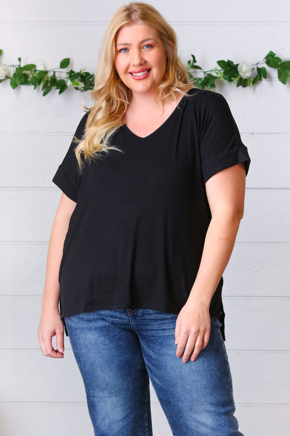 Black Ribbed V-Neck Hi-Low Slit Top for Women - Stylish & Sexy Tunic Blouse for Night Out, Party, or Casual Wear