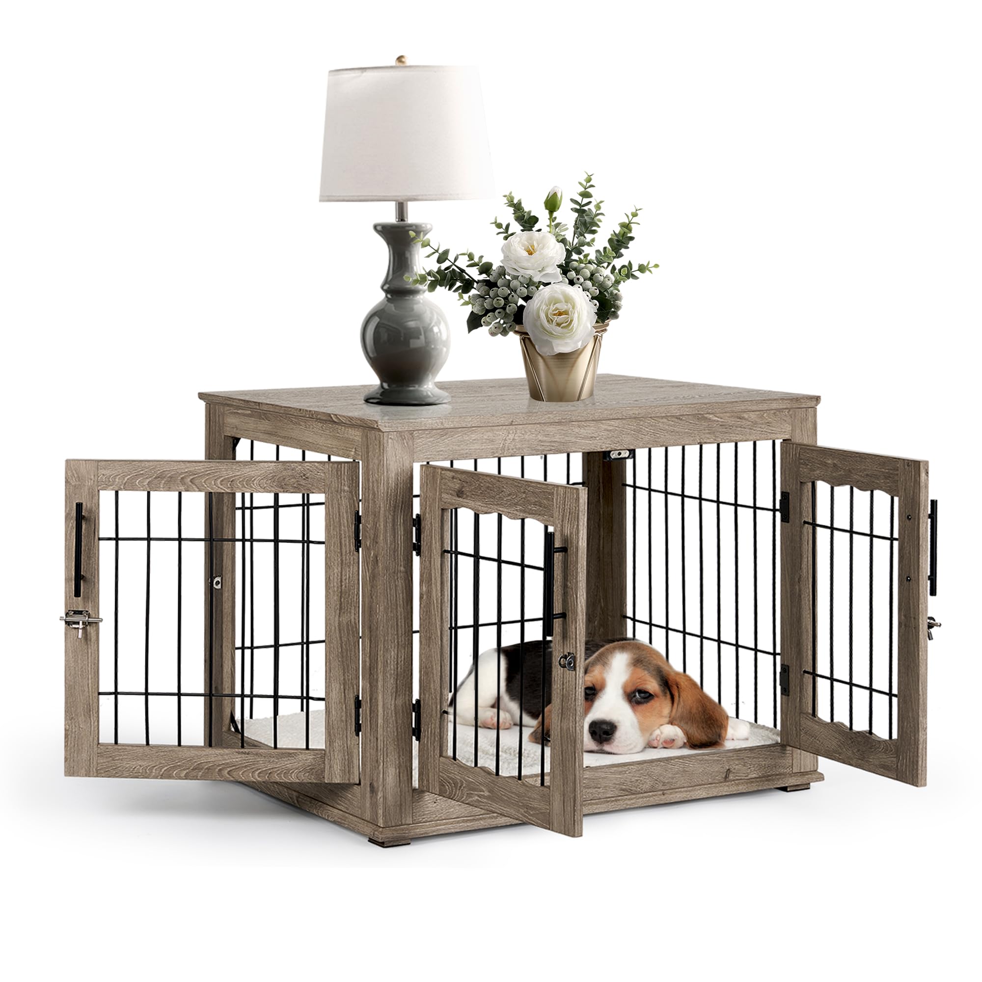 32 Inch Wooden Dog Crate Furniture with Bed Mat - Medium Dog Kennel with 3 Doors, End Side Table Design in Greige | Perfect for Living Room, Bedroom & Home Decor