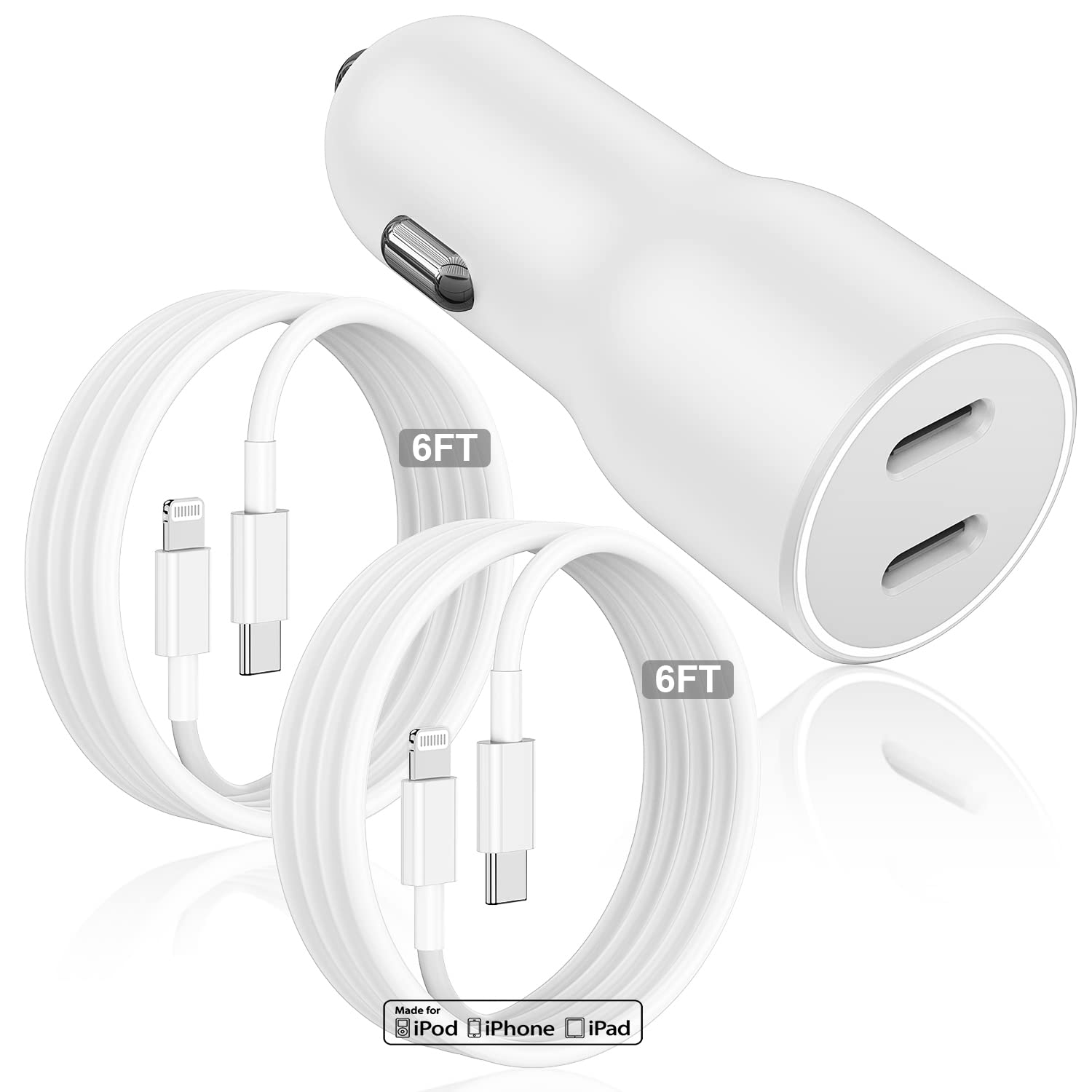 MFi Certified 45W Dual USB-C Car Charger for iPhone 14/13/12 Pro - Fast Charging with C to Lightning Cable - Perfect for Road Trips & Commuting