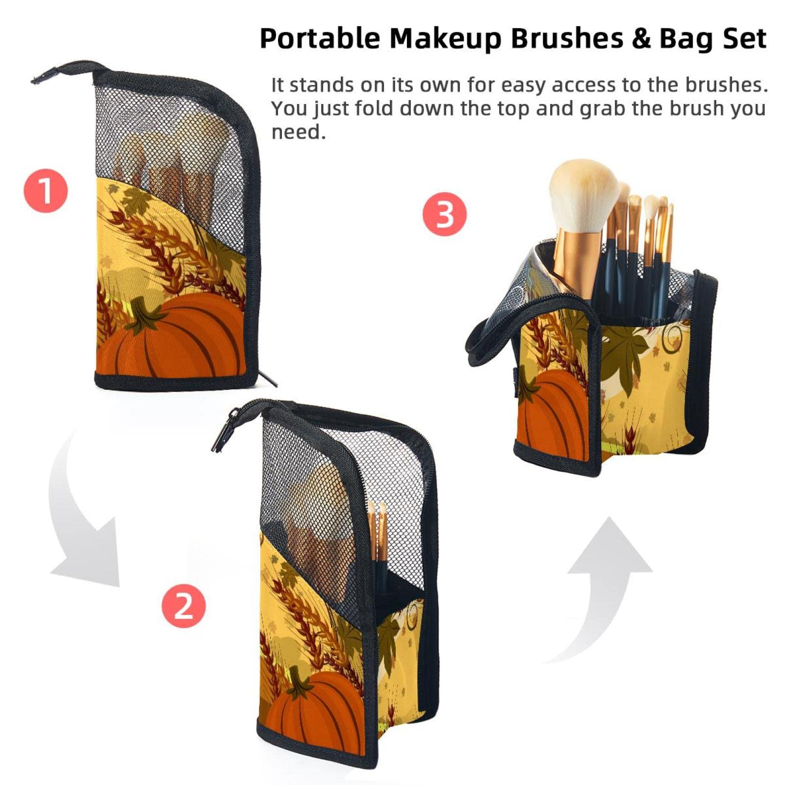 12-Piece Makeup Brush Organizer Bag with Cute Pumpkin Design - Portable Travel Cosmetic Brush Holder Case for Makeup Artists & Beauty Enthusiasts - Perfect for Thanksgiving, Home Vanity & On-the-Go Touchups