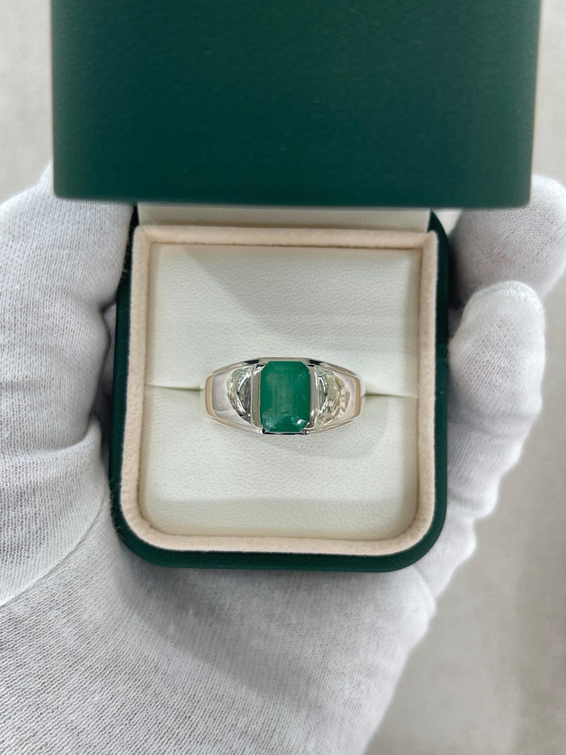 2.75ct Natural Emerald Cut Half Bezel Channel Solitaire Men's Ring in 925 Sterling Silver - Perfect for Weddings, Engagements & Anniversary Gifts