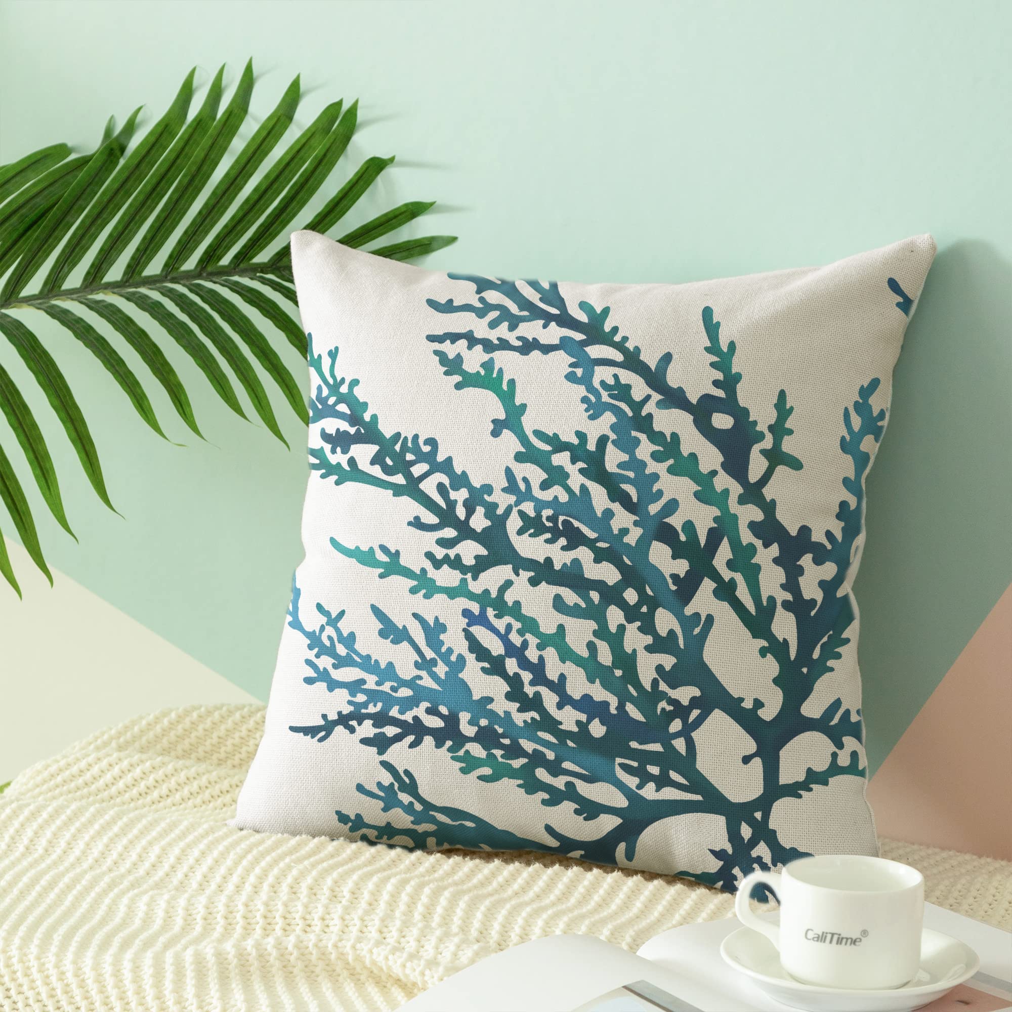 20x20 Inch Aquarelle Painting Print Canvas Throw Pillow Cover - Sea Coral Tree Blue Teal Design for Couch, Sofa & Home Decor | Perfect for Living Room, Bedroom & Coastal Style Interior