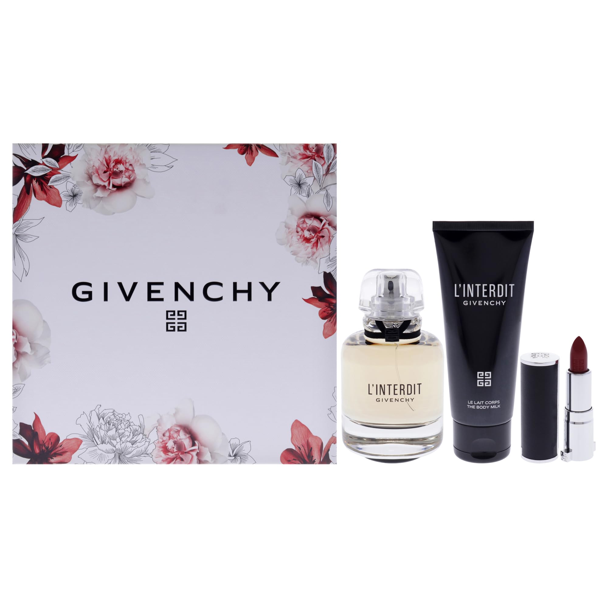Givenchy L'Interdit Eau de Parfum Gift Set for Women - 2.7oz Perfume Spray, 2.5oz Body Lotion & 0.05oz Lipstick | Luxury Fragrance Trio for Date Night, Anniversary & Special Occasions