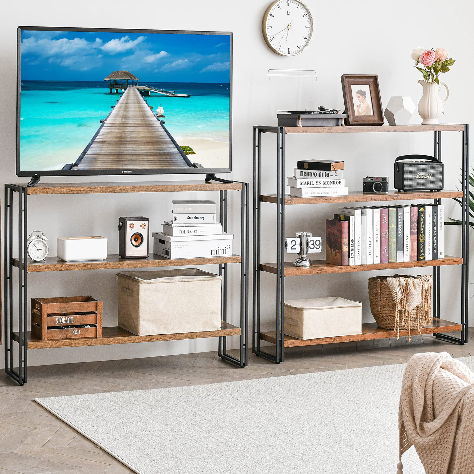 4-Tier Industrial Bookcase - Rustic Wood & Metal Open Display Shelf for Home Office, Bedroom, Kitchen & Bathroom Storage - 47 Inch Standing Shelf Unit for Books, Decor & Organizer