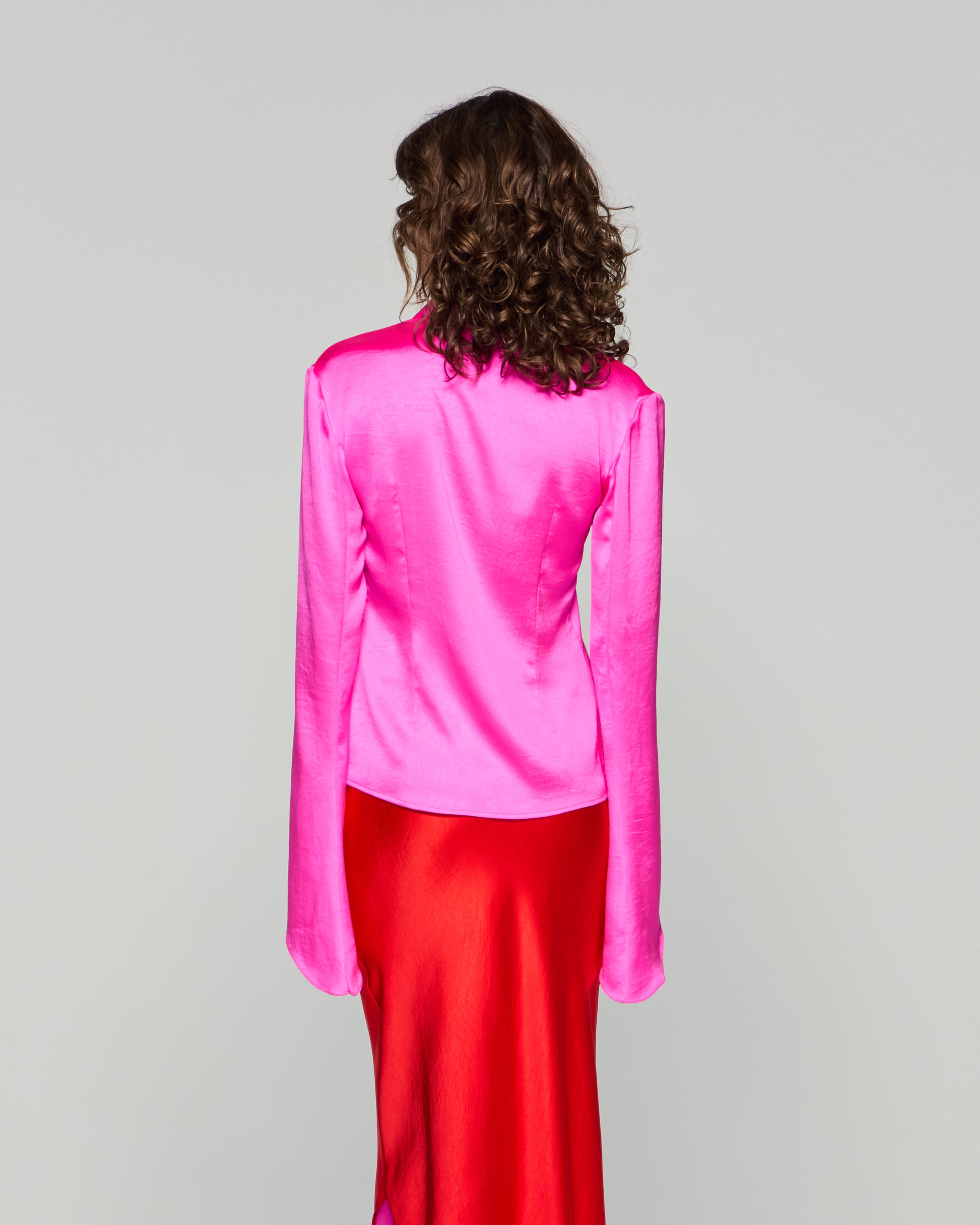 Flared Sleeve Blouse Women's Fashion Top - Bright Pink Long Sleeve Shirt for Casual Wear, Office Outfits & Date Night
