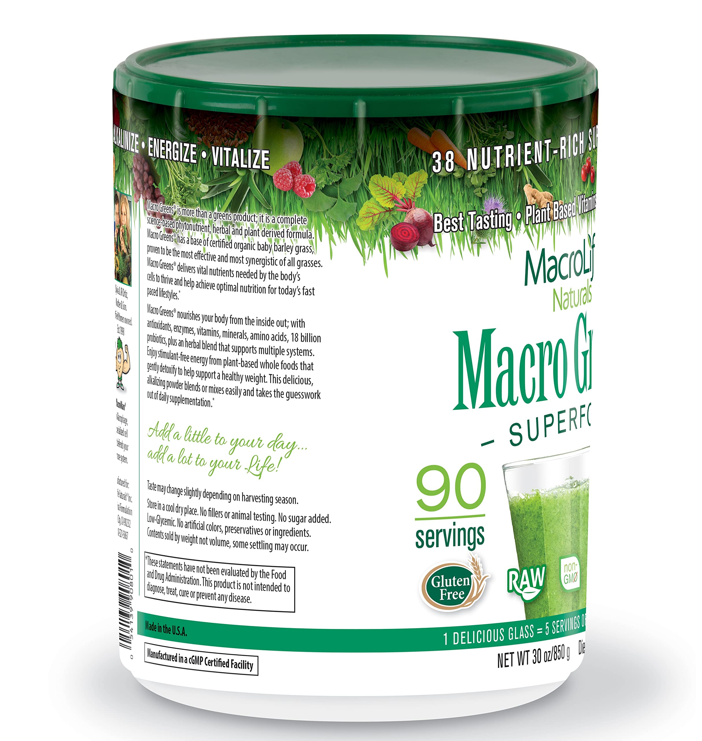 MacroLife Naturals Macro Greens Powder - 38 Superfoods with Probiotics, Antioxidants & Enzymes for Immunity, Energy & Detox - Vegan, Non-GMO, Gluten-Free, Dairy-Free - 30oz (90 Servings) - Perfect for Daily Wellness, Post-Workout Recovery & Immune Support