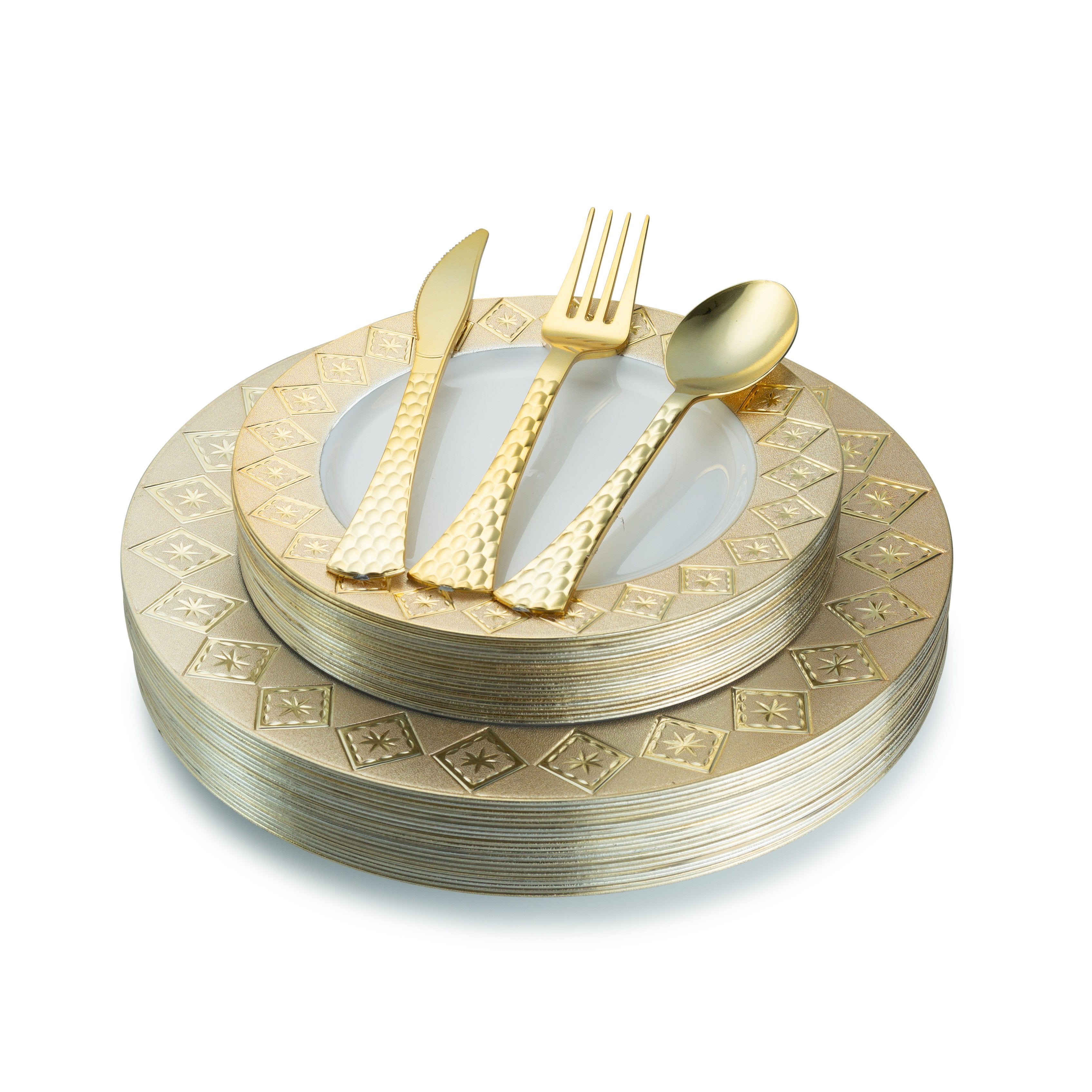100-Piece White and Gold Round Plastic Dinnerware Set with Silverware - 20 Place Settings for Parties, Weddings & Events - Elegant Disposable Tableware for Easy Cleanup