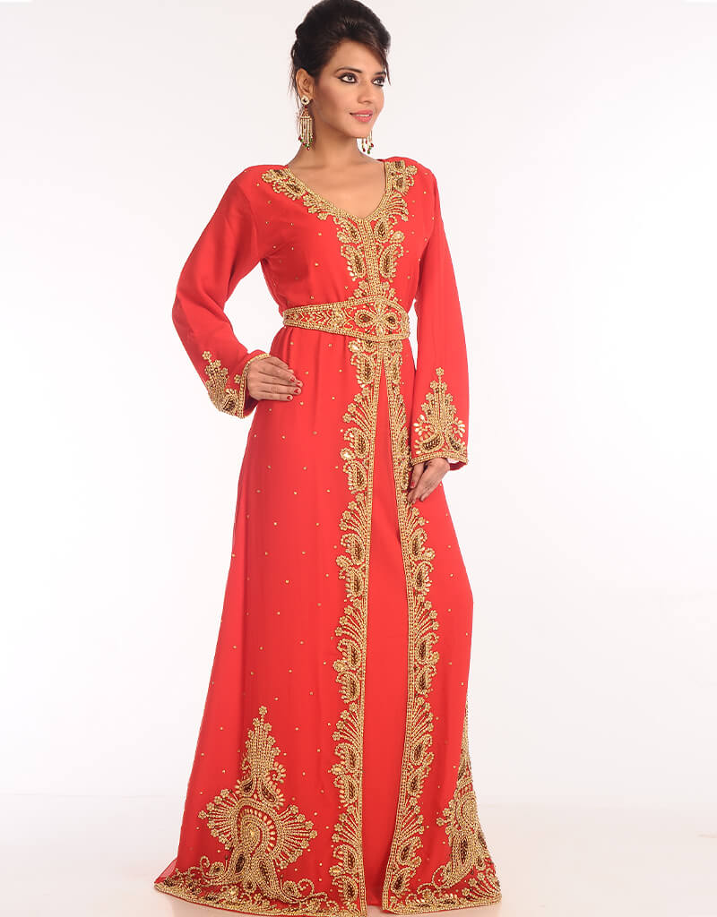 Elegant Arabic Red Georgette Kaftan with Hand Embroidery for Women - Perfect for Parties, Weddings & Special Occasions