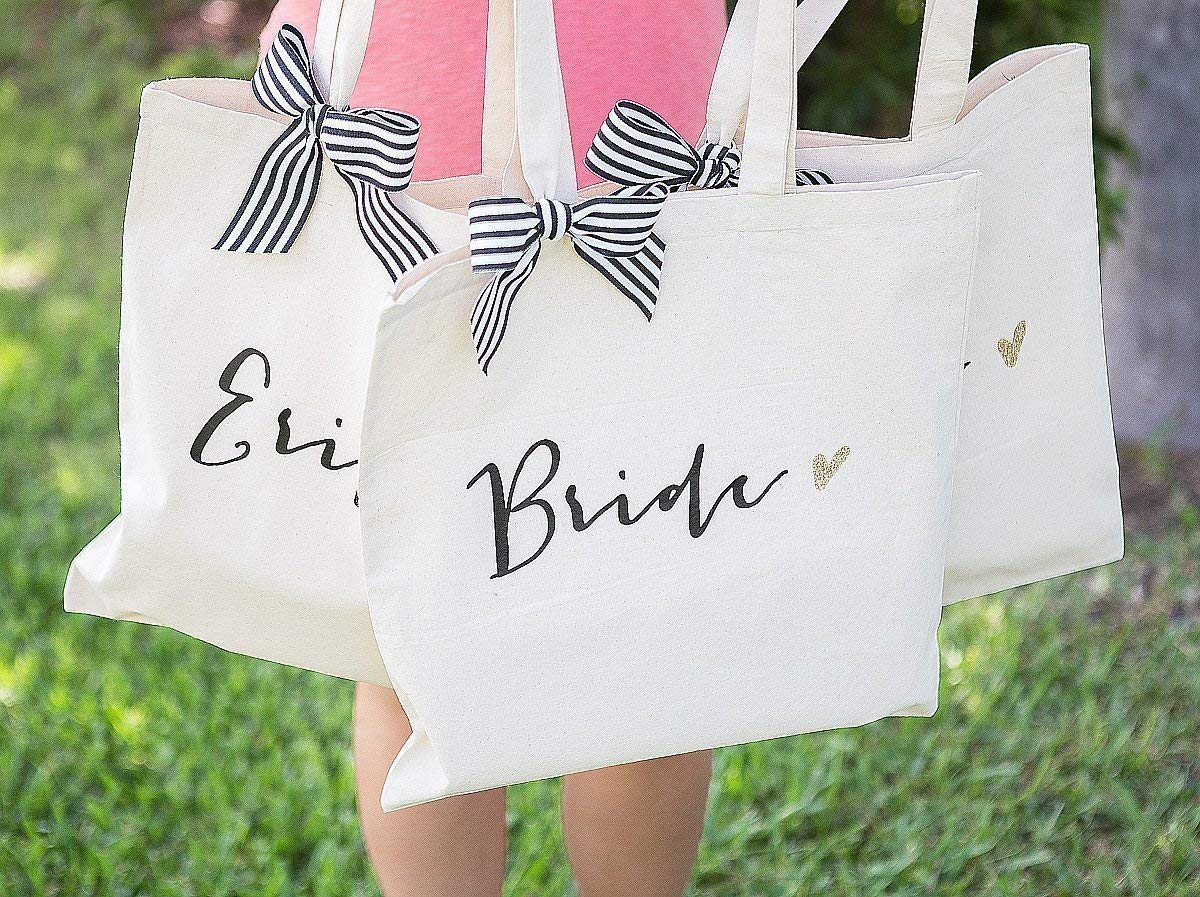 Elegant Bridal Party Wedding Tote Bags for Bride and Bridesmaids - Black with Gold Glitter & Striped Ribbon - Premium Canvas Cotton Gift Bag - Perfect for Wedding Day Essentials, Bridal Shower Gifts, and Bachelorette Party Favors