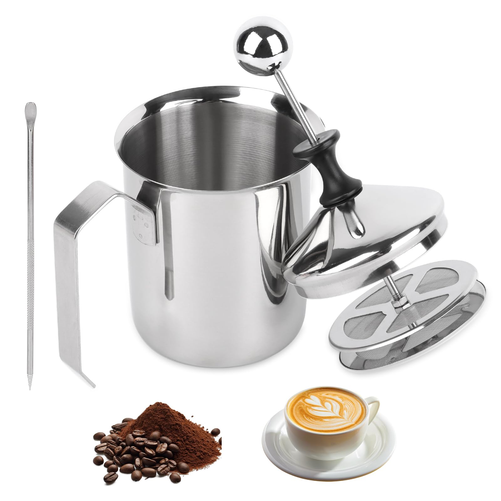TNOMSNO 400ml Stainless Steel Manual Milk Frother with Pull Pin, Double Mesh for Perfect Latte & Cappuccino - Ideal for Coffee Shops, Home Baristas & Kitchen Use