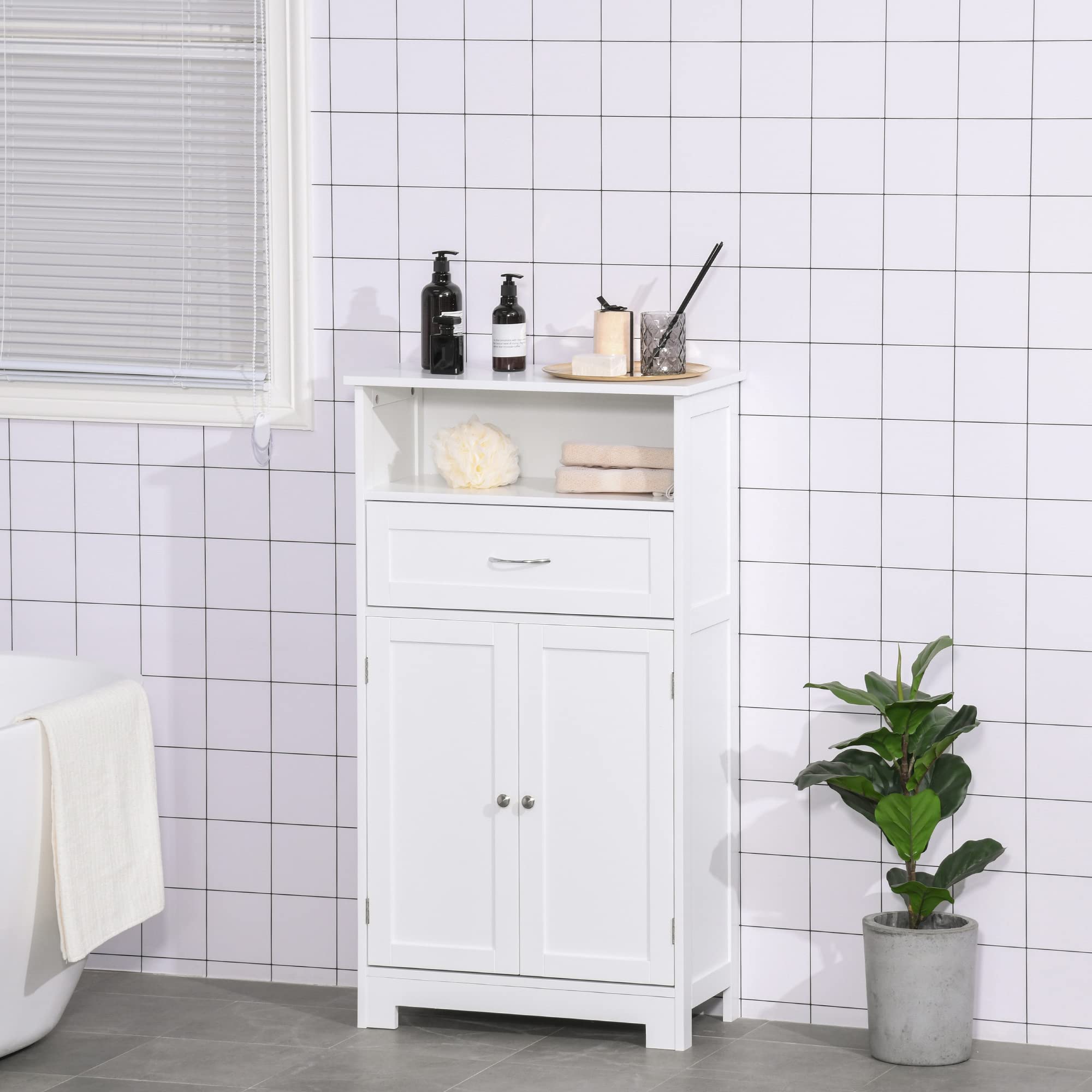 Kleankin Modern Bathroom Floor Cabinet - Free Standing Storage Organizer with Drawer & Adjustable Shelf, White - Perfect for Bathroom, Laundry Room & Bedroom Storage Organization