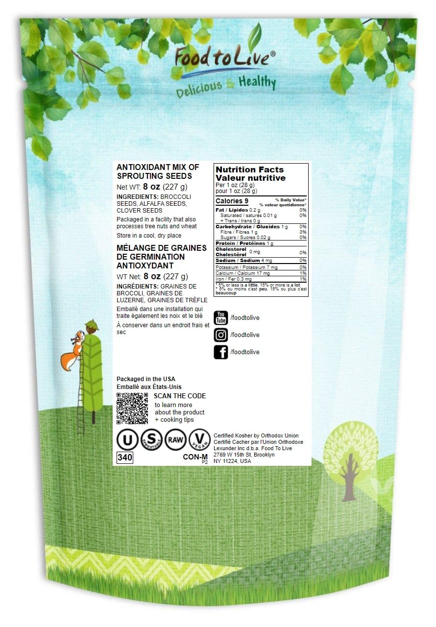 Food to Live - Organic Antioxidant Sprouting Seed Mix (Broccoli, Clover, Alfalfa) - 8oz | Raw, Vegan, Kosher Certified | Perfect for Salads, Smoothies & Healthy Snacking