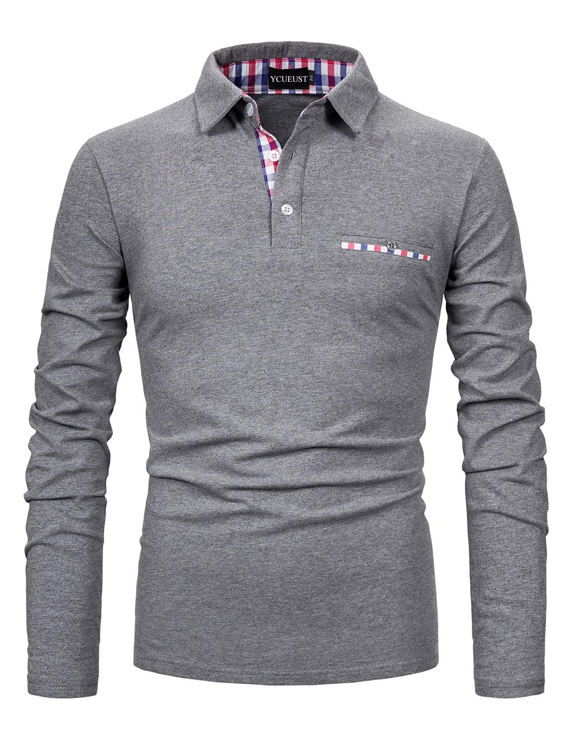 YCUEUST Men's Long Sleeve Polo Shirt - Plaid Collar Cotton Casual T-Shirt for Business, Work & Outdoor Activities | Comfortable & Stylish Office Wear