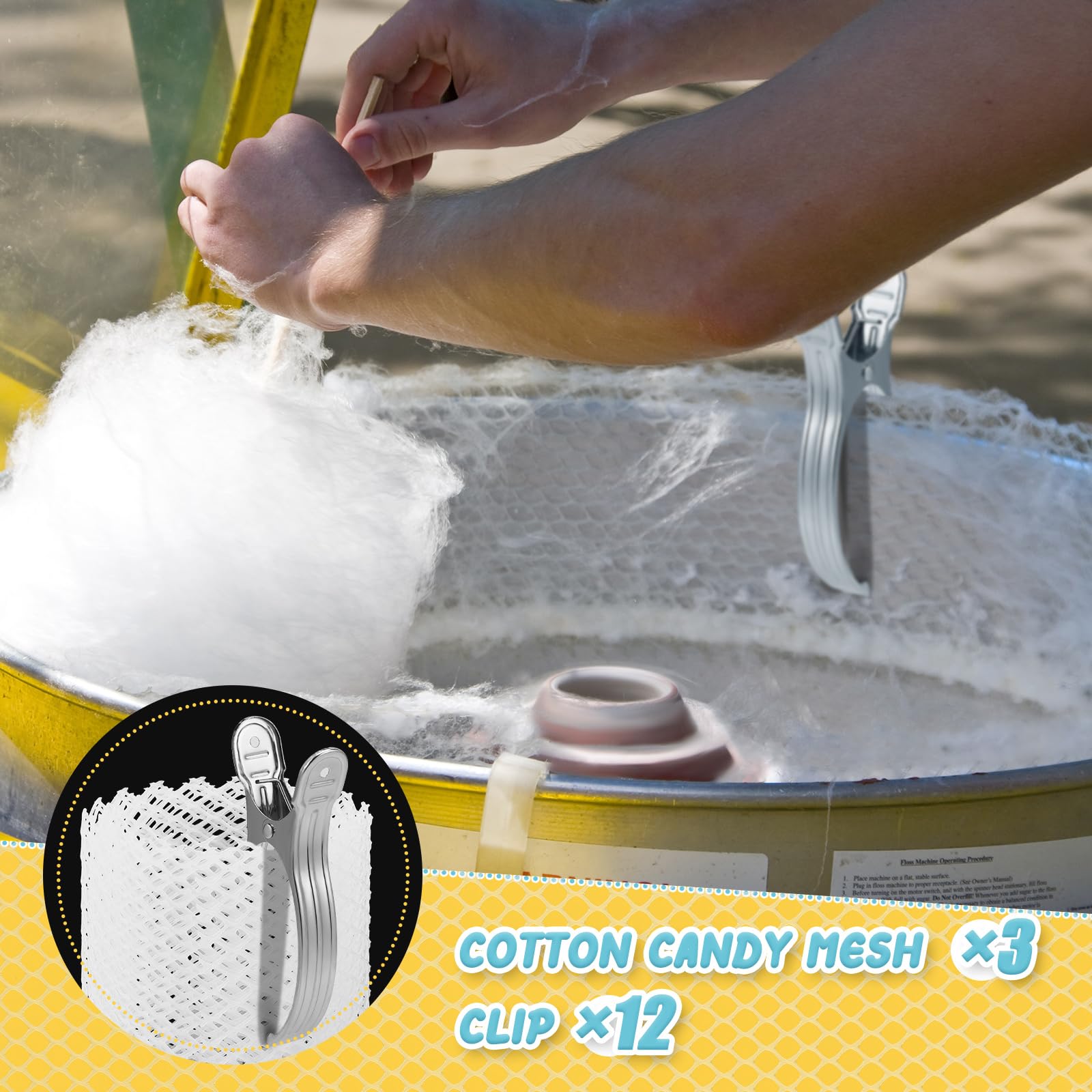 Juexica 3-Piece Cotton Candy Mesh & Clip Stabilizer Kit - Includes 3 Cotton Candy Meshes & 12 Clip Stabilizers - Candy Making Supplies for Cotton Candy Machines - Perfect for Parties, Carnivals & Home Use