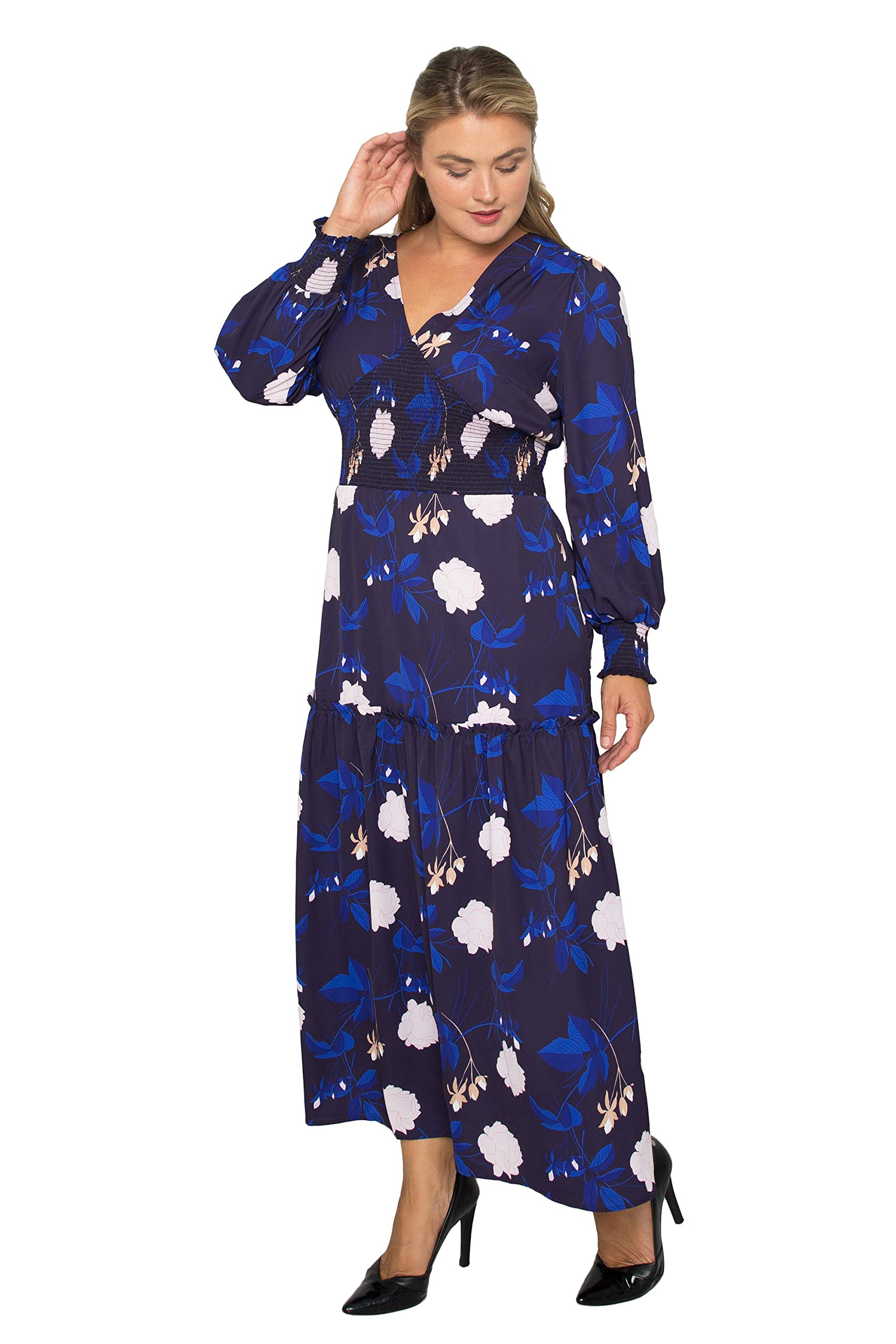 Plus Size Floral Print Smocked Waist Long Sleeve Maxi Dress for Women - Elegant & Comfortable Summer Beach Wedding Party Outfit