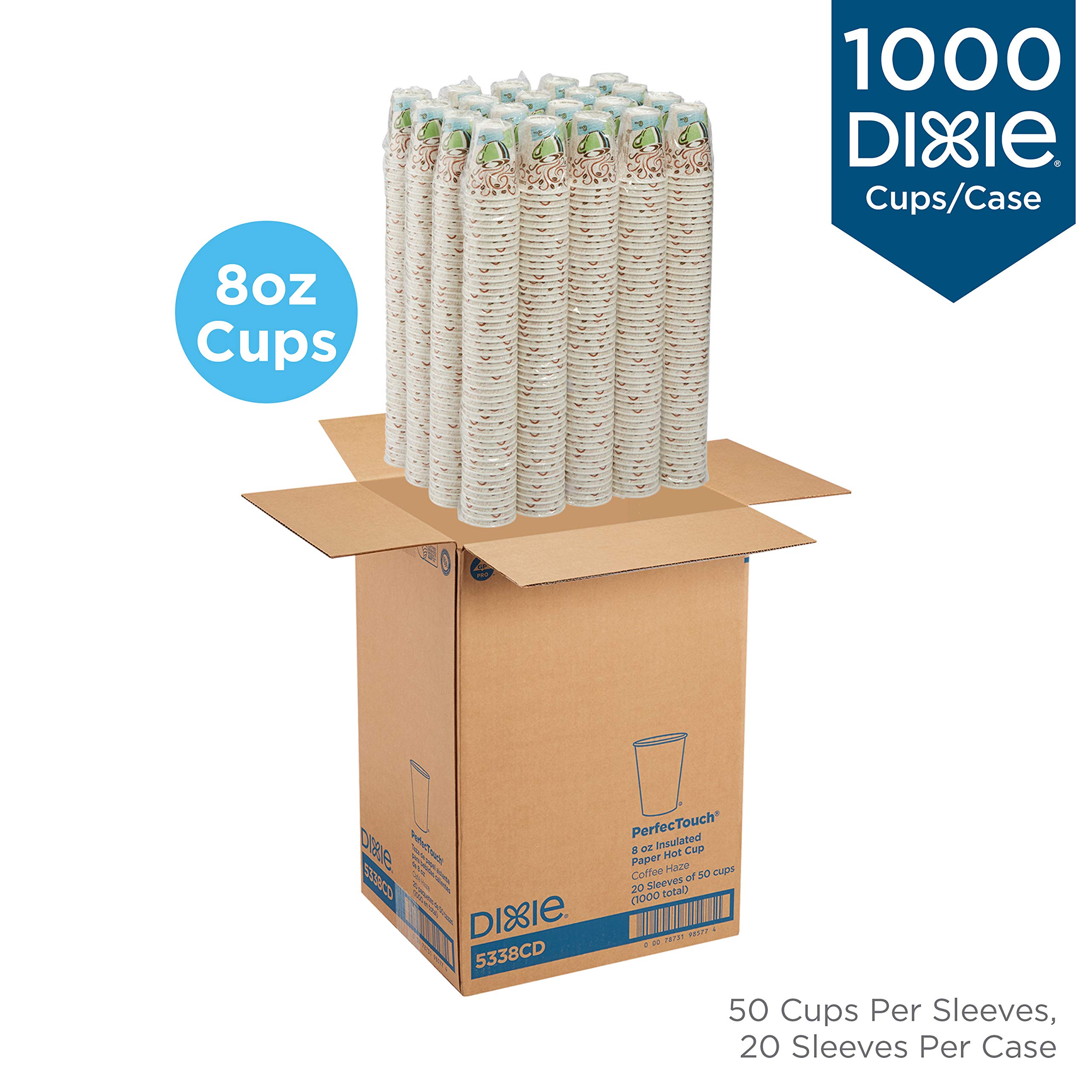 GP PRO Dixie PerfecTouch 8 oz Disposable Paper Coffee Cups - Coffee Haze Design, 1000 Count (50 Cups/Sleeve, 20 Sleeves/Case) - Perfect for Office, Cafes & Home Use