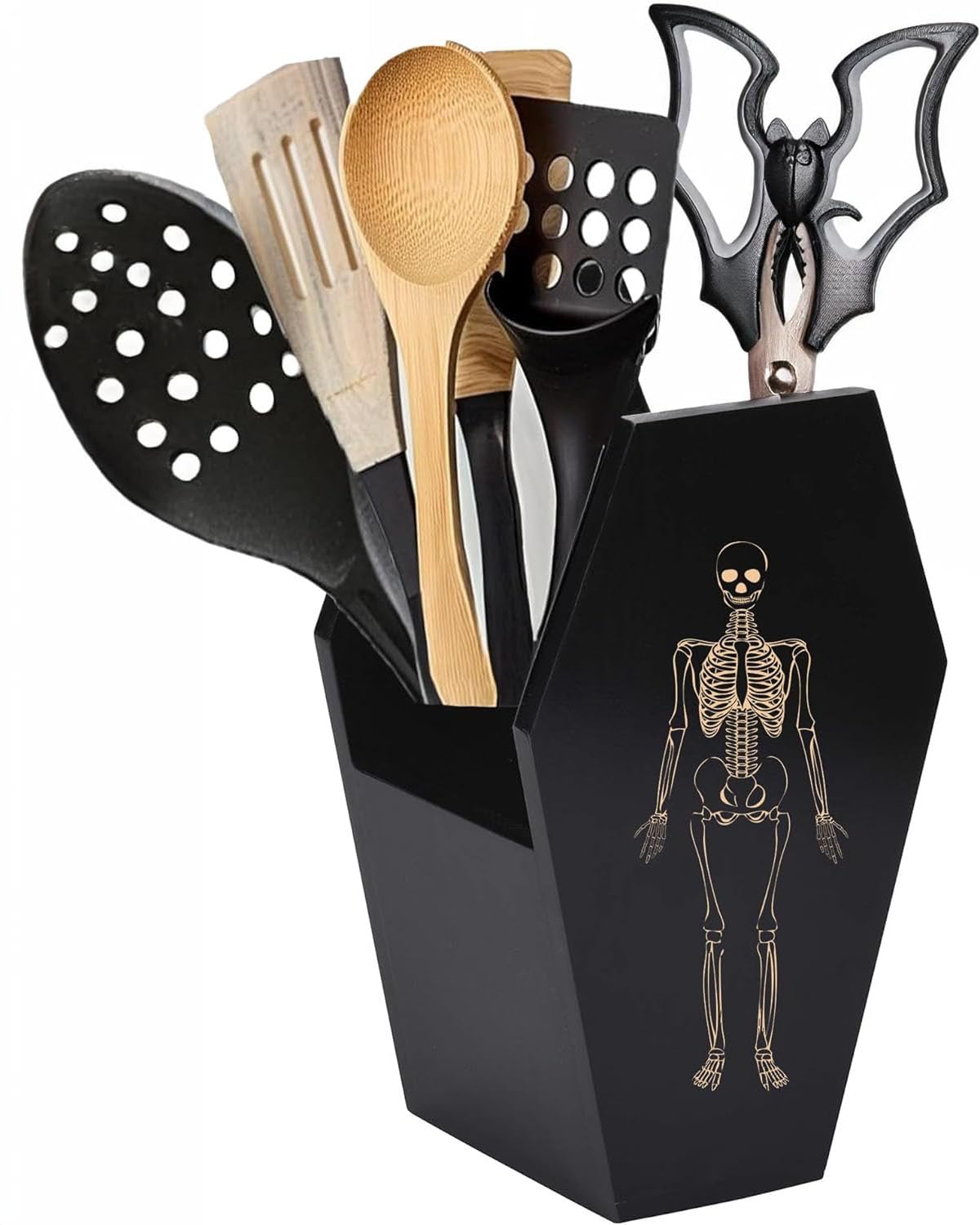 Large Capacity Skeleton Coffin Utensil Holder - Spooky Halloween Kitchen Decor for Goth, Bats, Skull & Spatulas - Durable Gothic Kitchenware Accessory with Deep Storage - Perfect for Halloween Parties, Haunted House Decor & Gothic Home Kitchen Organization