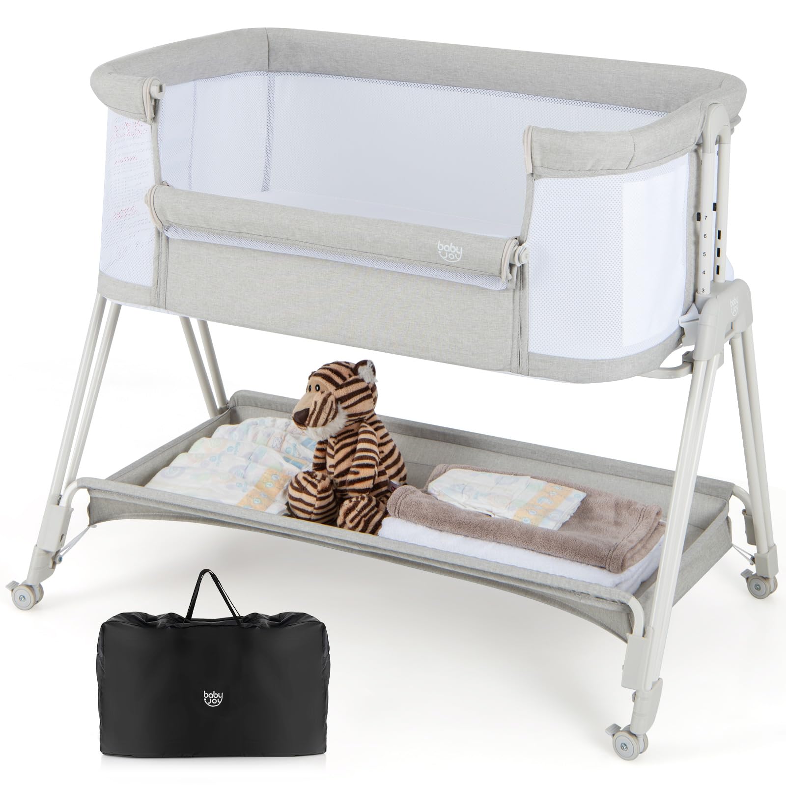 Baby Joy Portable Bassinet Bedside Sleeper - Foldable Baby Crib with Breathable Mesh Sides, Storage Shelf & Travel Bag - 7 Adjustable Heights for Safe Co-Sleeping - Includes Mattress - Ideal for Newborns & Infants (Gray) - Perfect for Nursery, Bedroom & Travel Use