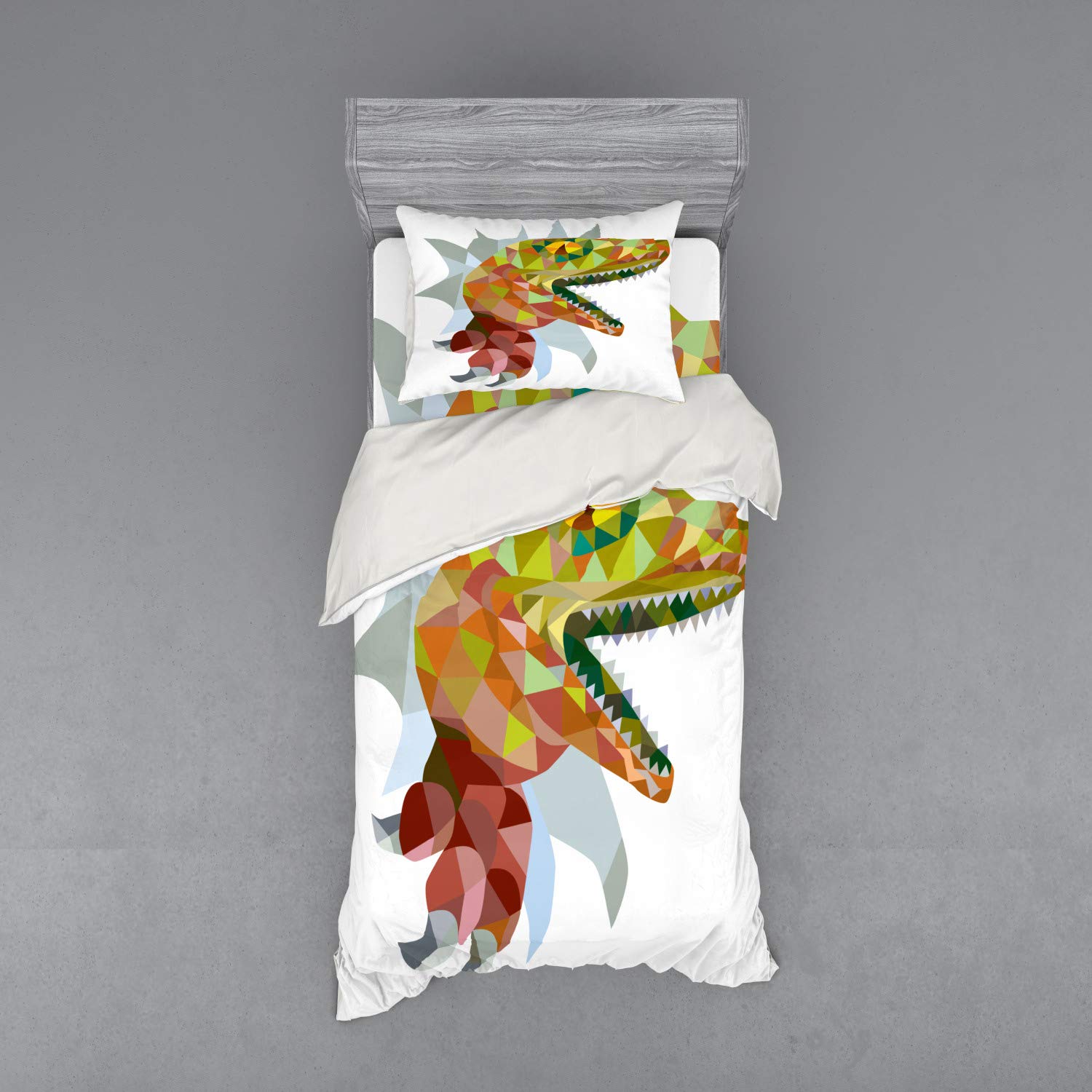 Ambesonne Reptile Duvet Cover Set - Colorful Mosaic T-Rex Dinosaur Design, 3-Piece Twin Size Bedding with Sham & Fitted Sheet | Jurassic Themed Kids Room Decor, Dinosaur Lover Gift Idea
