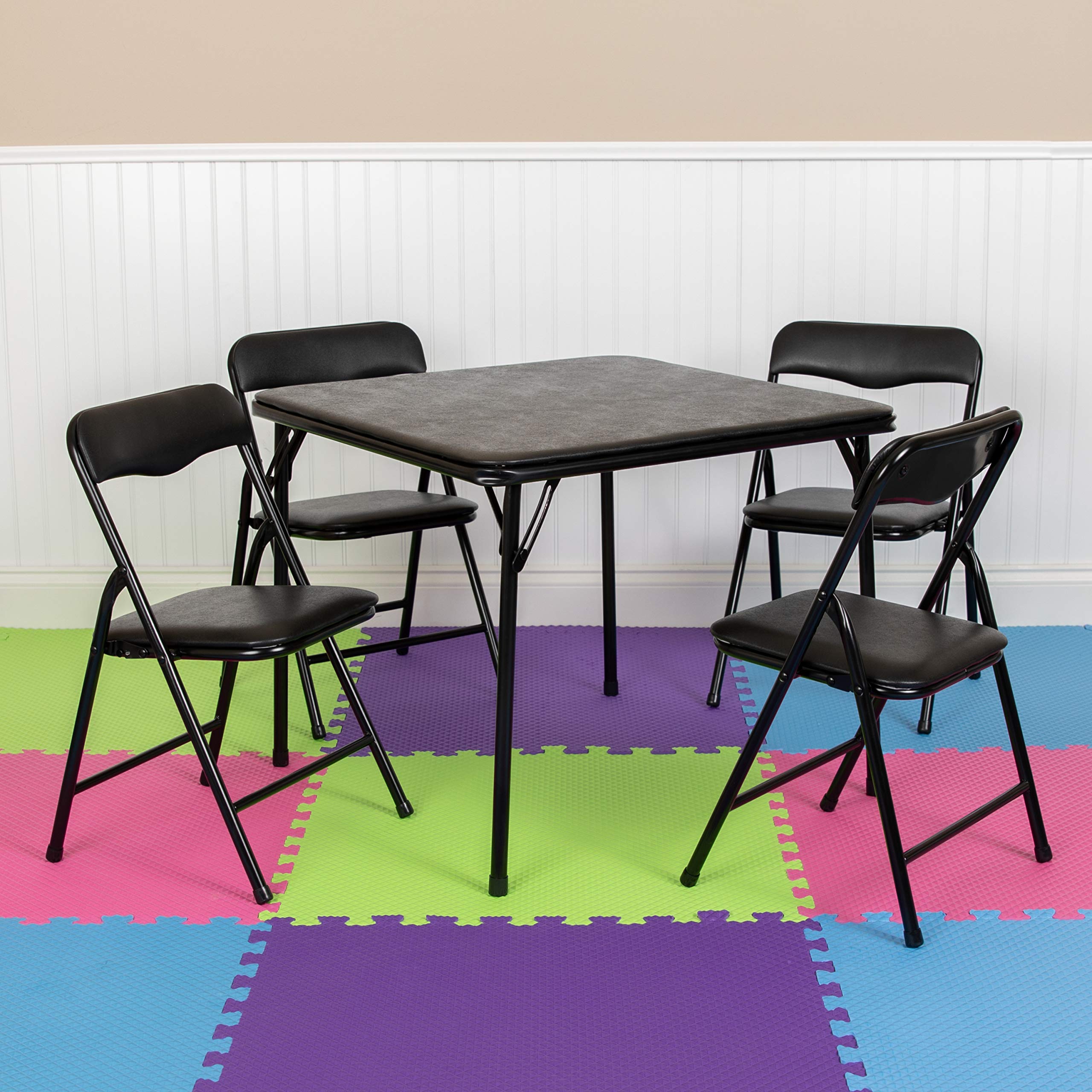 EMMA + OLIVER Kids 5-Piece Folding Activity Table and Chair Set - Black, Sturdy & Space-Saving for Home, Daycare, Preschool & Playroom - Perfect for Arts & Crafts, Snack Time & Learning Activities