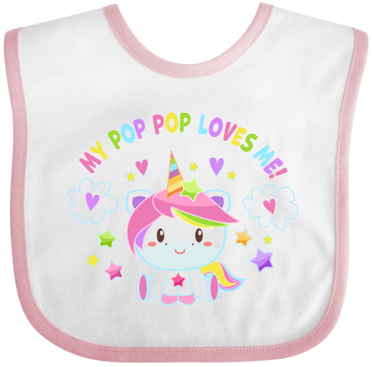 Inktastic My Pop Pop Loves Me Cute Rainbow Unicorn Baby Bib - Soft Cotton Drool Bib for Infants & Toddlers - Perfect for Feeding Time, Daycare & Photo Shoots